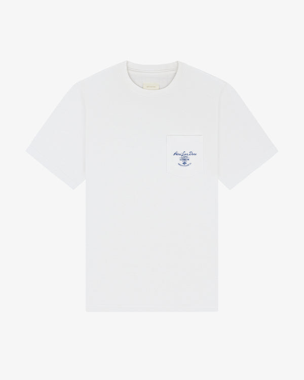 General Store Pocket Tee: white short-sleeve shirt with chest pocket, blue text, and graphic on the pocket.