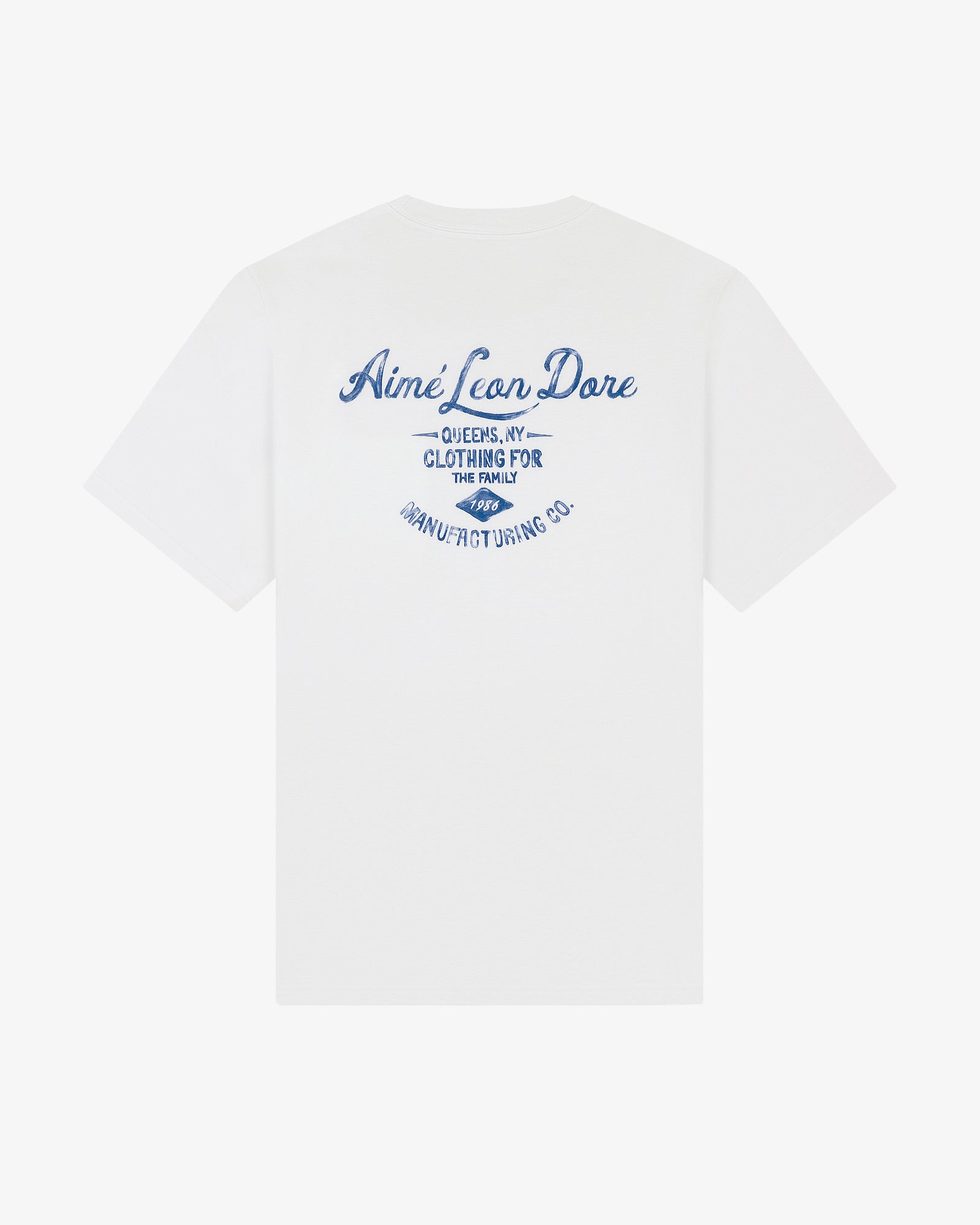 White General Store Pocket Tee with blue Aimé Leon Dore and Clothing for the Family text on the back.
