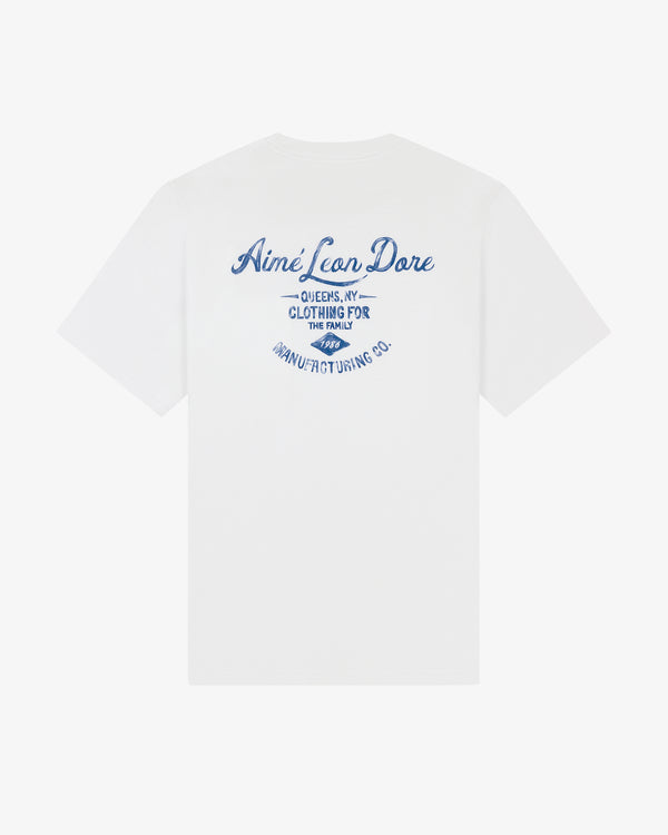 White General Store Pocket Tee with blue Aimé Leon Dore and Clothing for the Family text on the back.