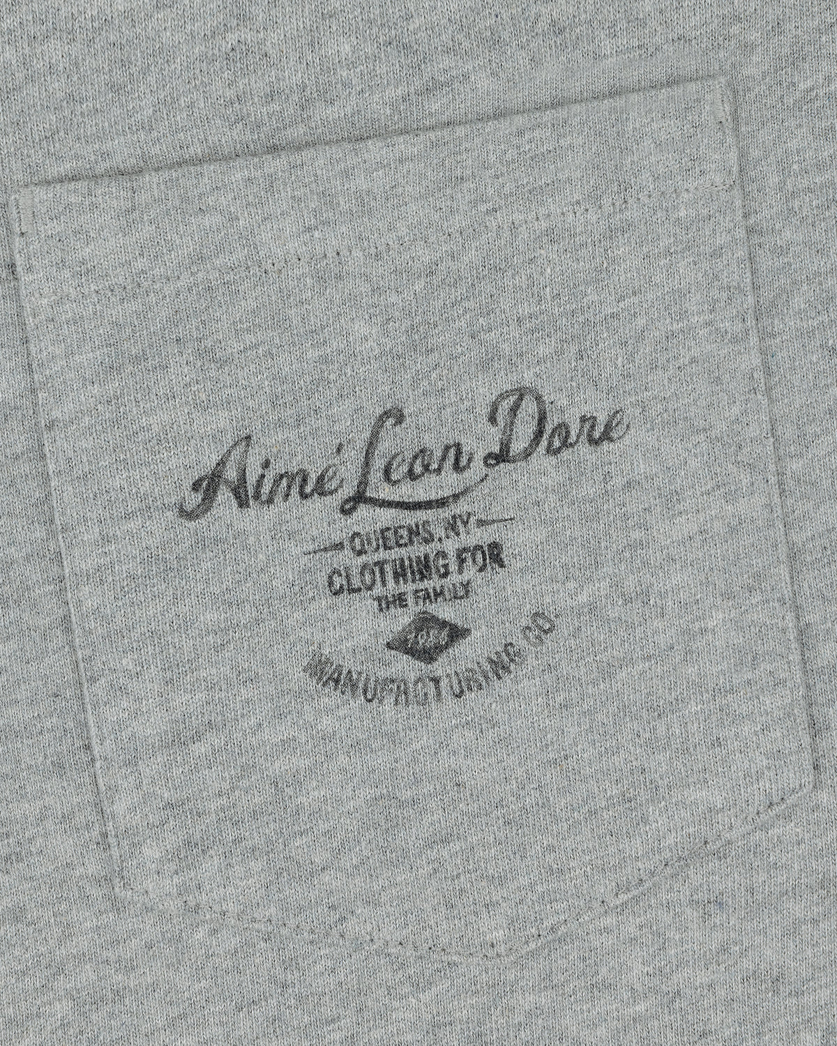 Gray fabric pocket on the General Store Pocket Tee with black text: Aimé Leon Dore, Queens NY, Clothing for the Family.