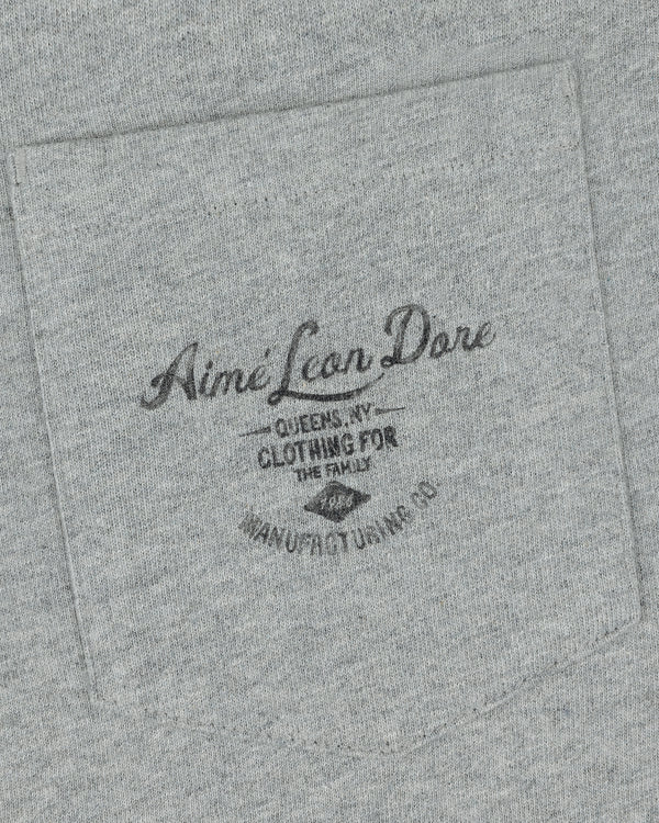 Gray fabric pocket on the General Store Pocket Tee with black text: Aimé Leon Dore, Queens NY, Clothing for the Family.
