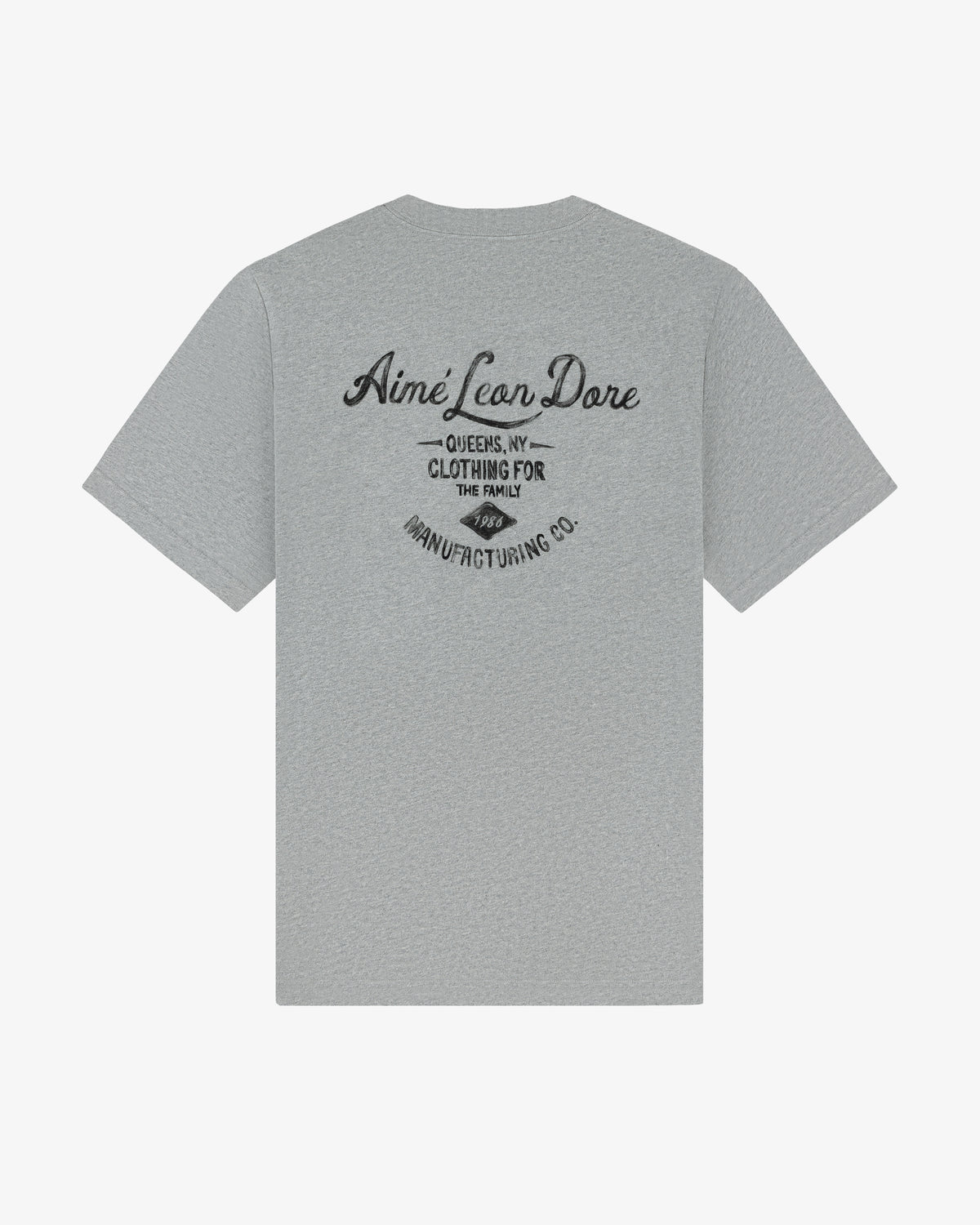 Gray General Store Pocket Tee with Aimé Leon Dore and Queens, NY printed in black script on the back.