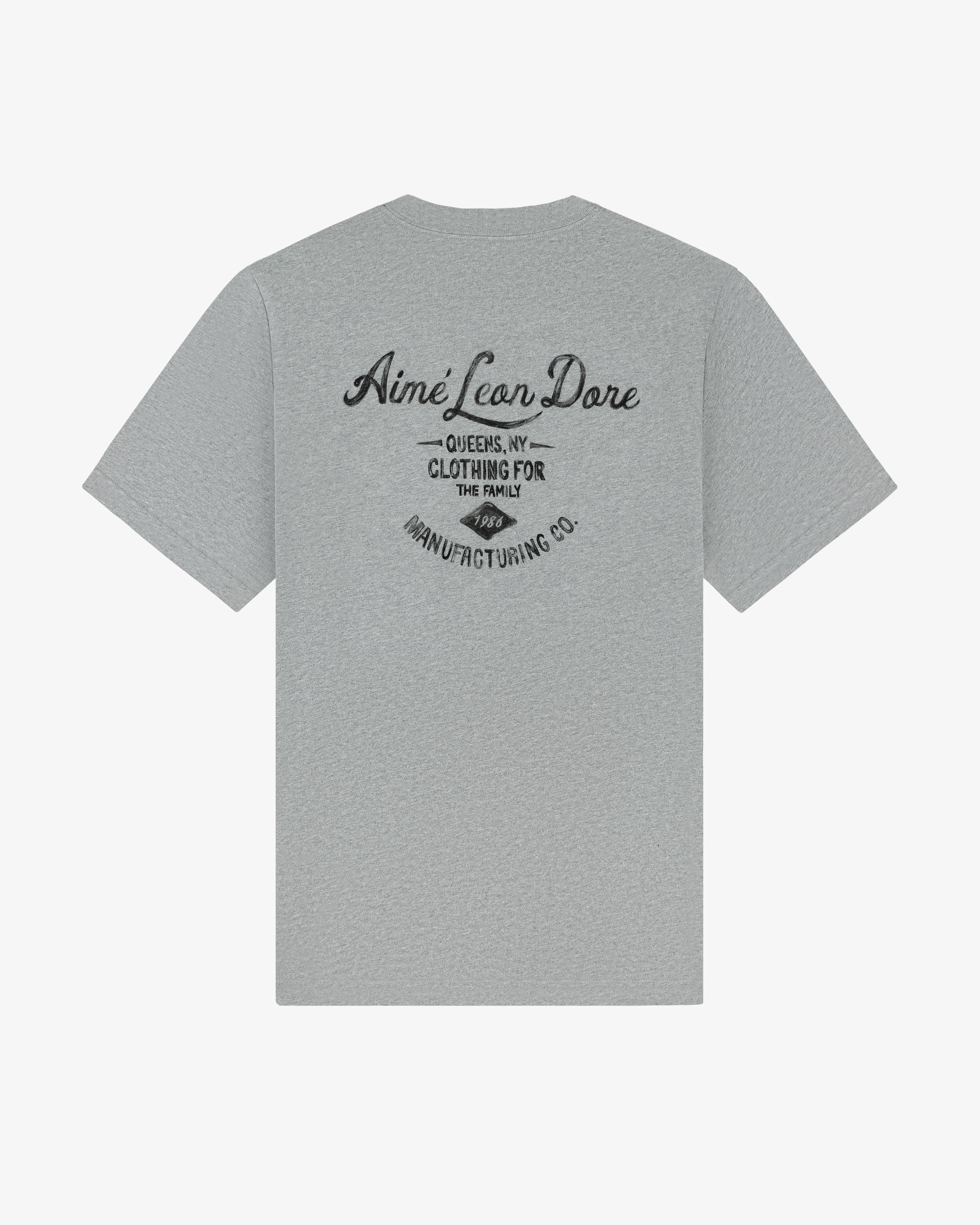 Gray General Store Pocket Tee with Aimé Leon Dore and Queens, NY printed in black script on the back.