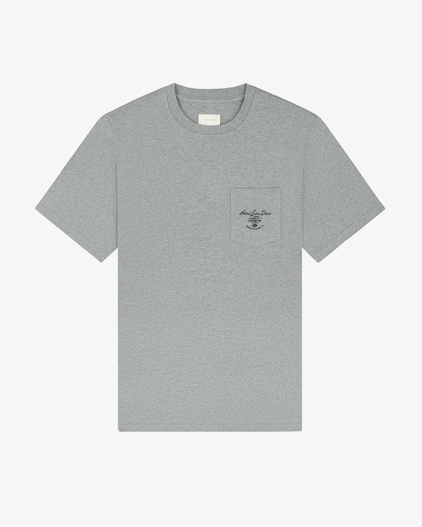 General Store Pocket Tee: gray short-sleeve shirt with chest pocket and black text, shown on white background.