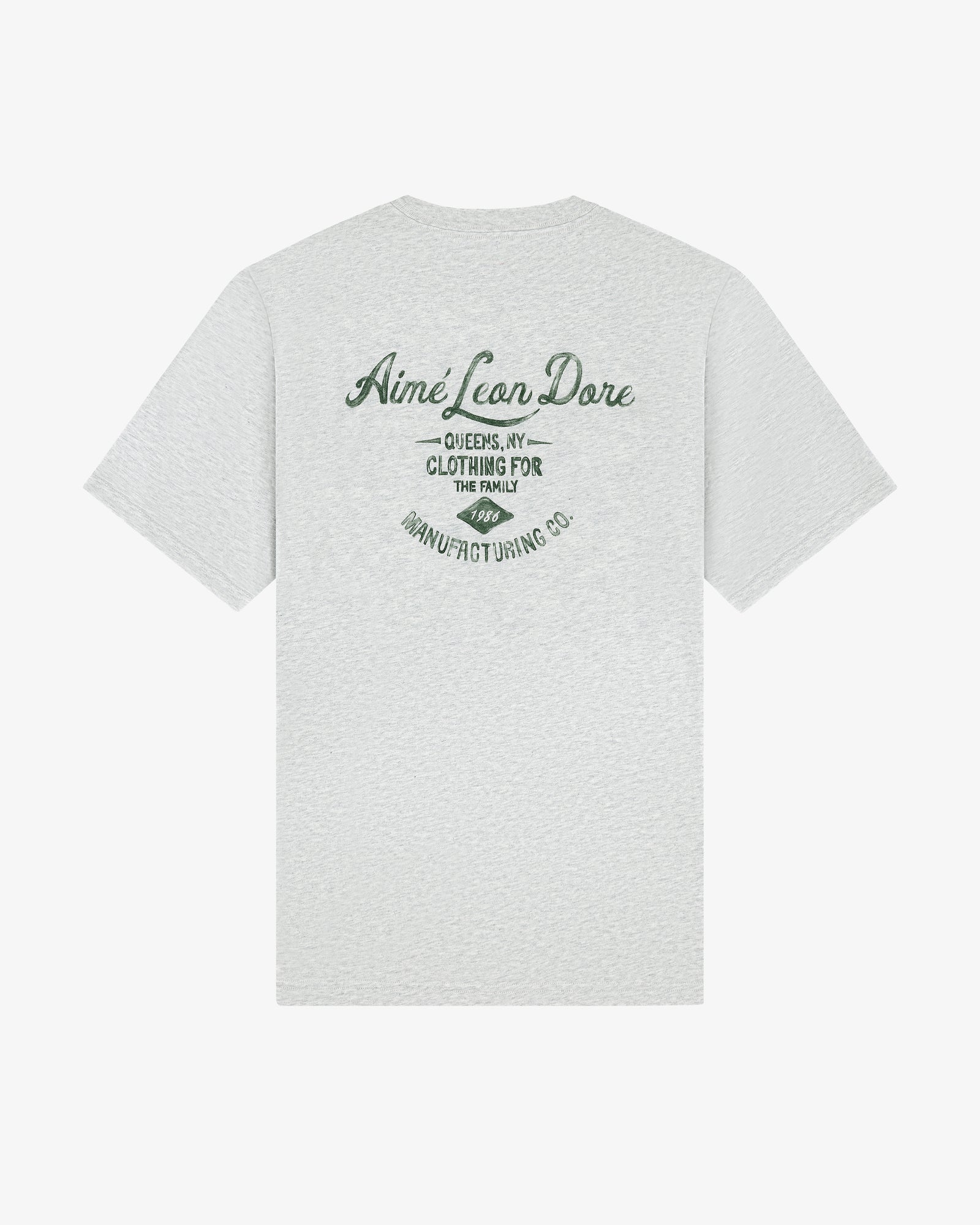Light gray General Store Pocket Tee with green "Aimé Leon Dore, Queens, NY, Clothing for the Family" text on back.