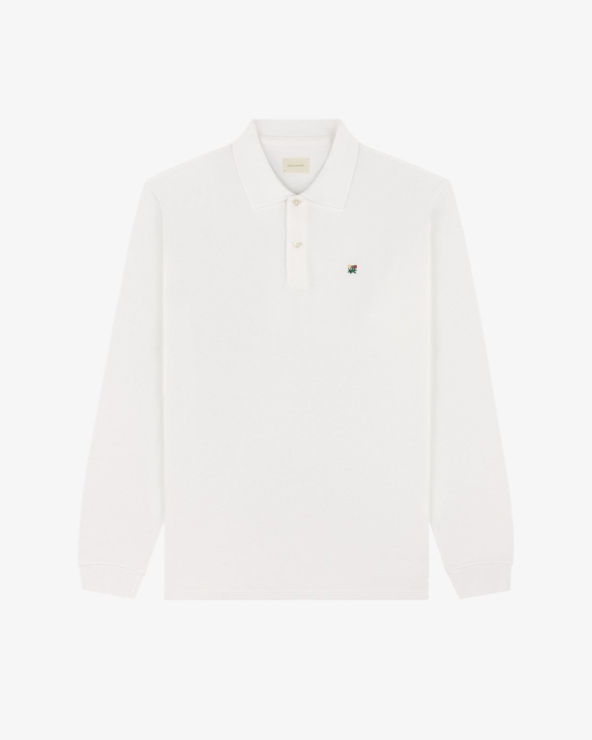 White Long-Sleeve Crest Piqué Polo with collar and small green embroidered logo on the left chest.