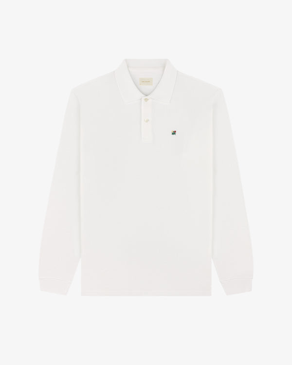 White Long-Sleeve Crest Piqué Polo with collar and small green embroidered logo on the left chest.