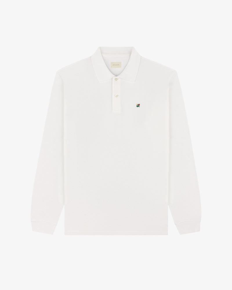 White Long-Sleeve Crest Piqué Polo with collar and small green embroidered logo on the left chest.