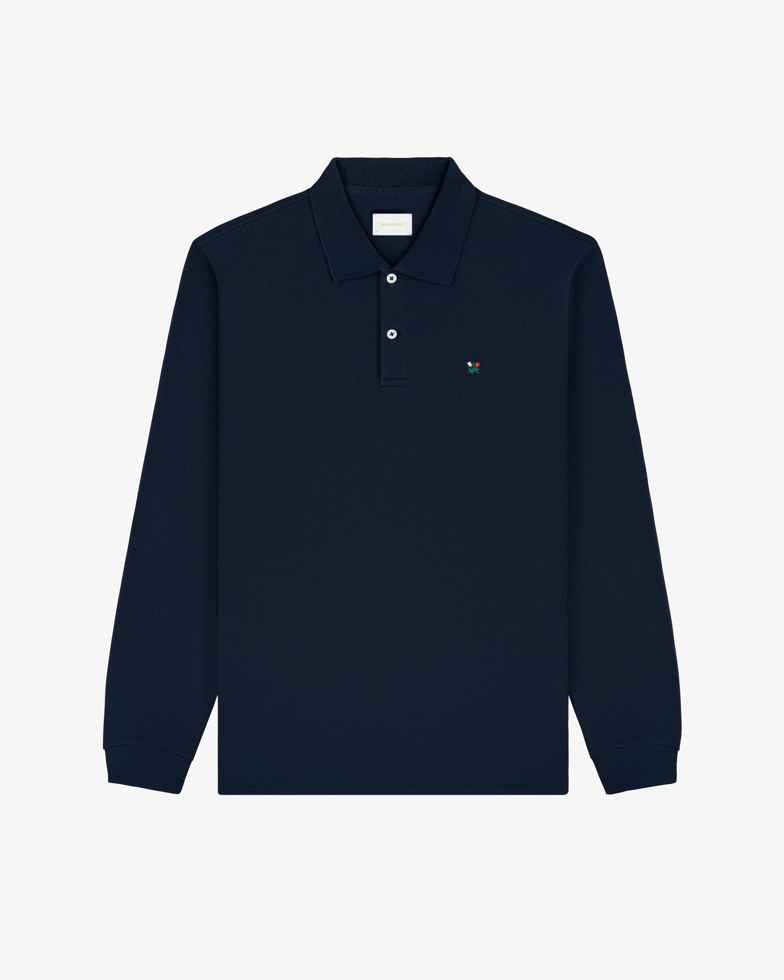Long-Sleeve Crest Piqué Polo in navy with collar, buttons, and small embroidered chest logo.
