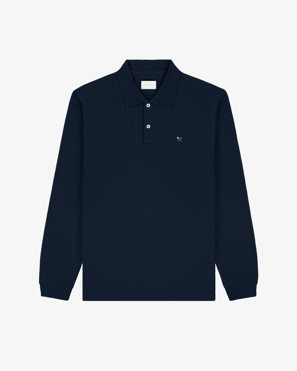 Long-Sleeve Crest Piqué Polo in navy with collar, buttons, and small embroidered chest logo.