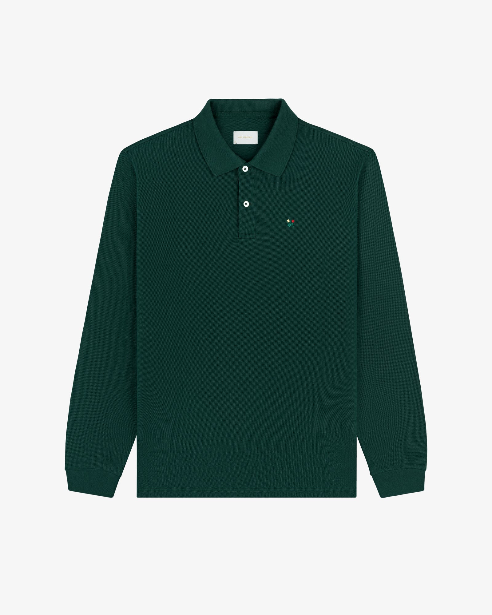 Long-Sleeve Crest Piqué Polo in dark green with collar and small left chest embroidered logo.