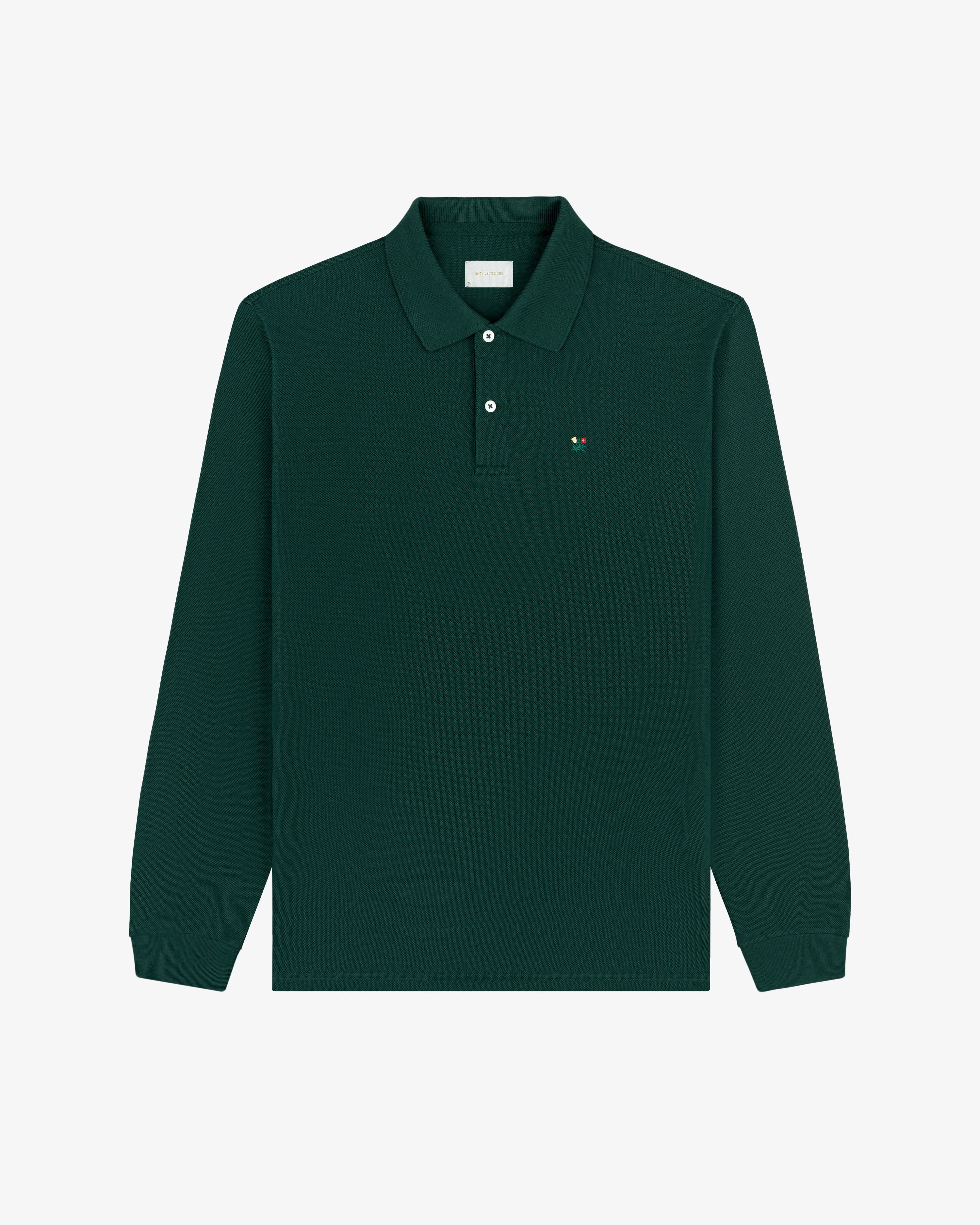 Long-Sleeve Crest Piqué Polo in dark green with collar and small left chest embroidered logo.