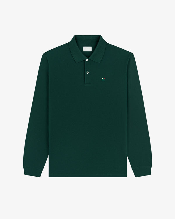 Long-Sleeve Crest Piqué Polo in dark green with collar and small left chest embroidered logo.