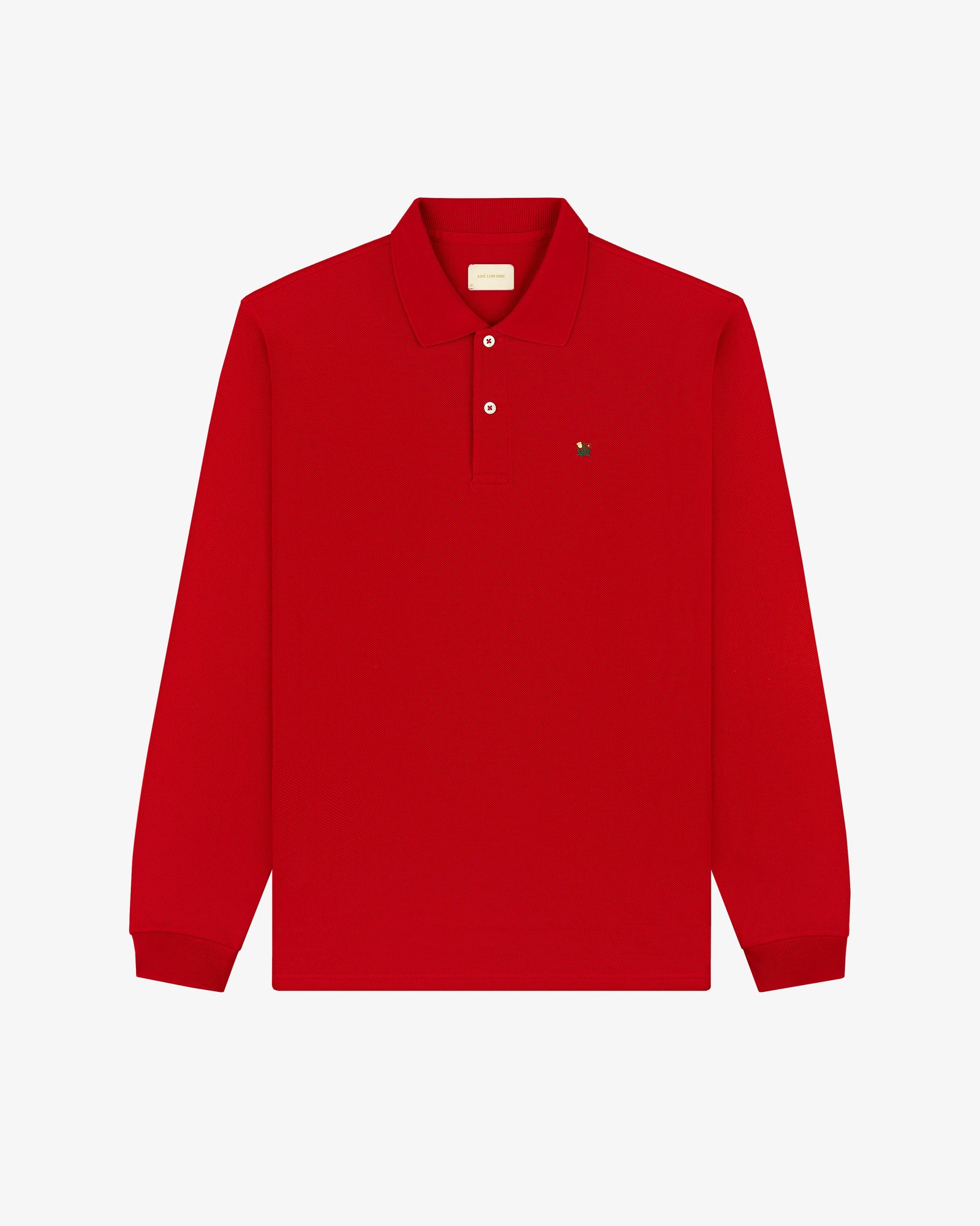 Long-Sleeve Crest Piqué Polo: red, collared, button-up with small chest logo.