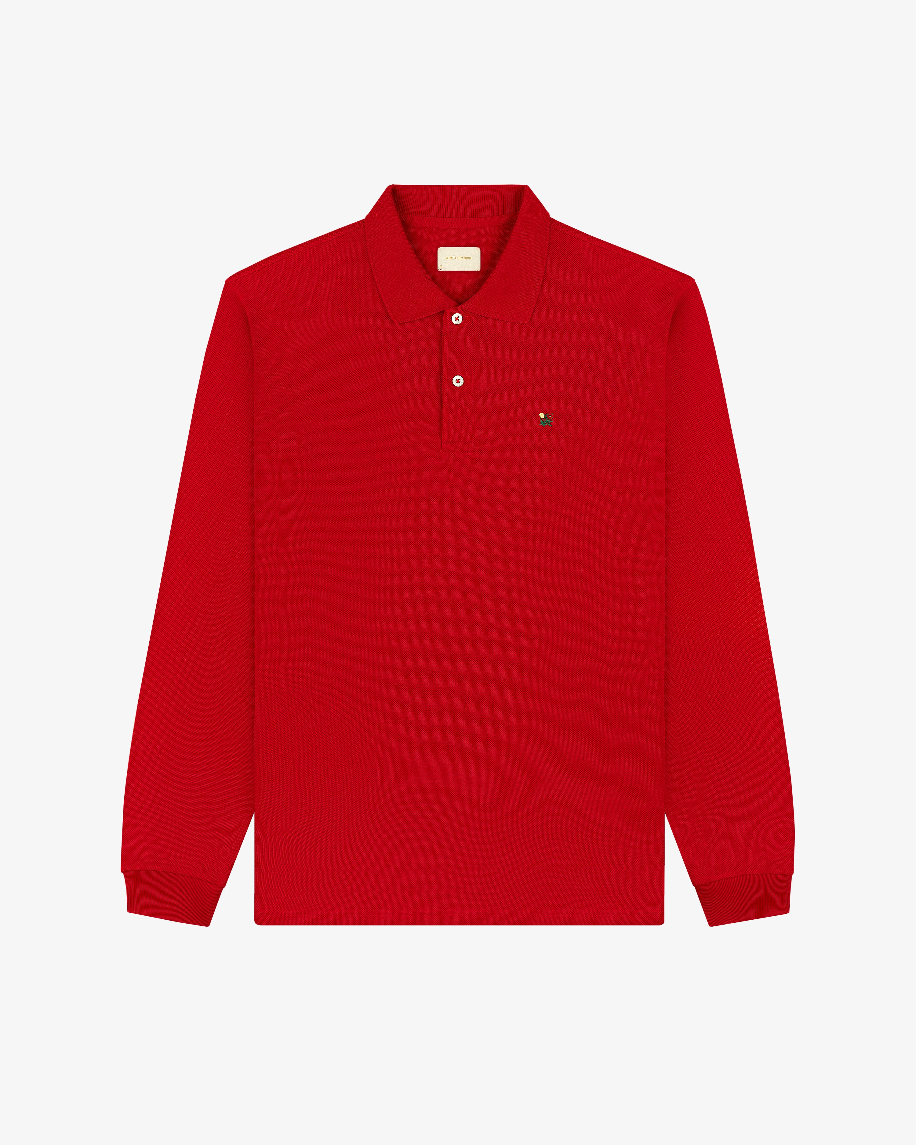 Long-Sleeve Crest Piqué Polo: red, collared, button-up with small chest logo.