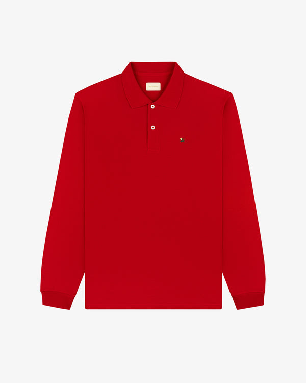 Long-Sleeve Crest Piqué Polo: red, collared, button-up with small chest logo.