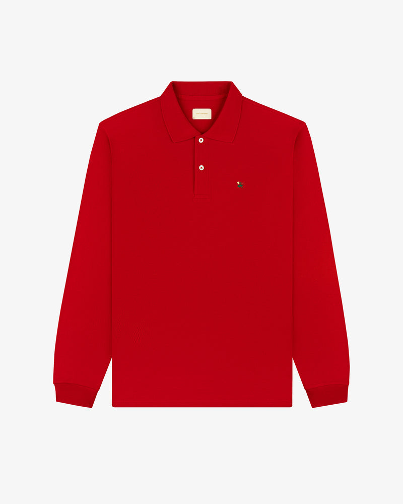 Long-Sleeve Crest Piqué Polo: red, collared, button-up with small chest logo.
