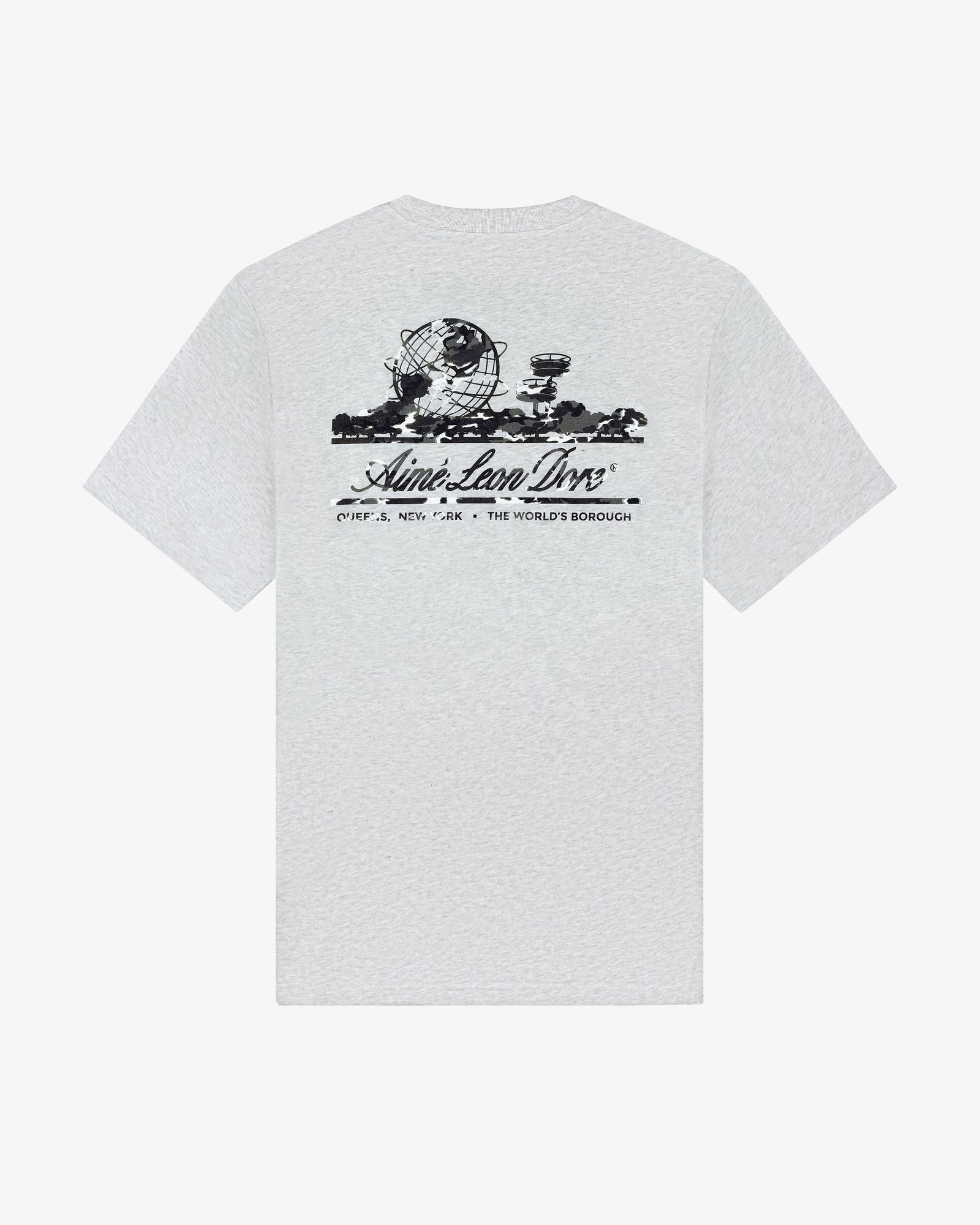 Camo Unisphere Tee: Gray shirt with black globe graphic and Aime Leon Dore text on the back.