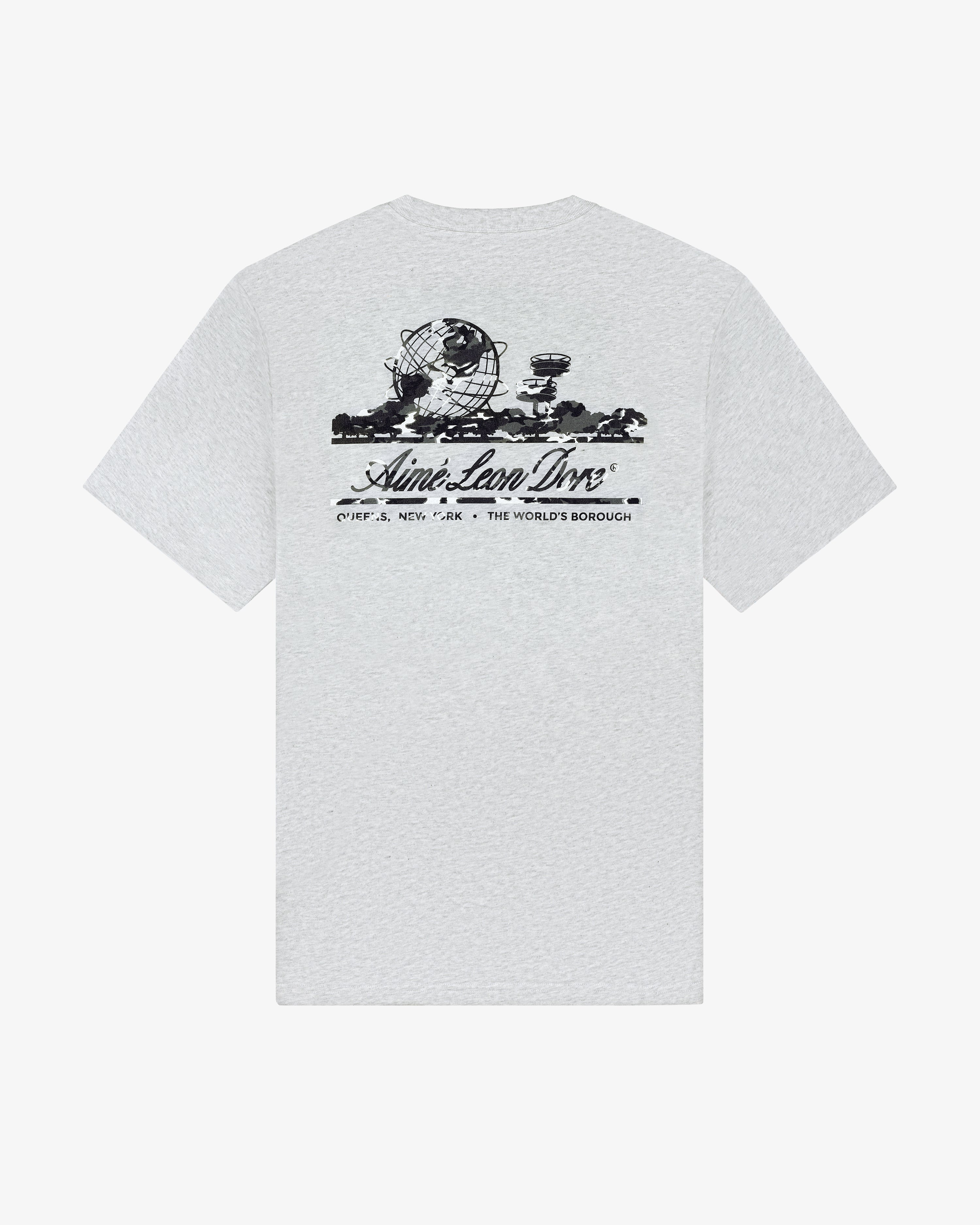 Camo Unisphere Tee: Gray shirt with black globe graphic and Aime Leon Dore text on the back.