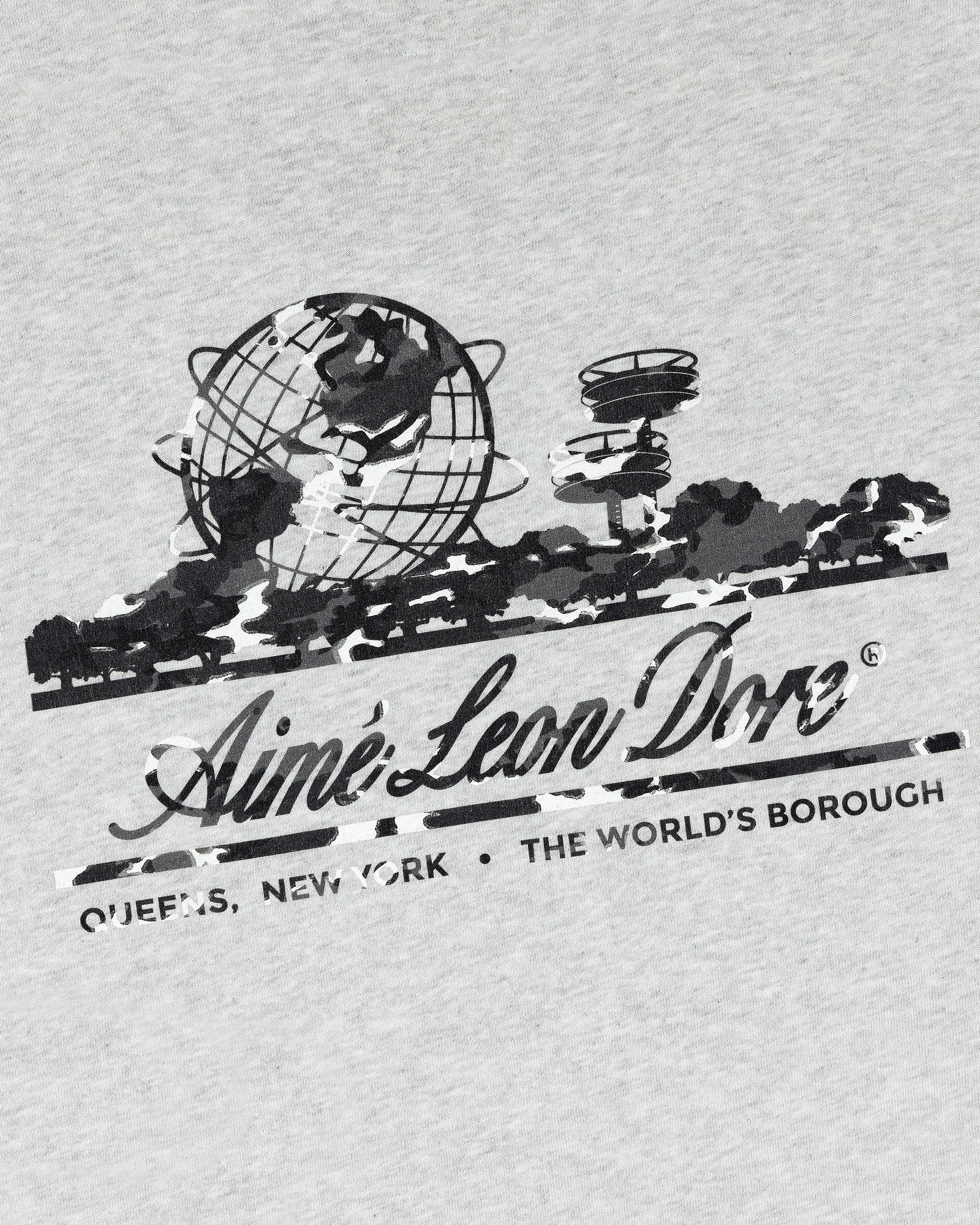 Camo Unisphere Tee: Black and white Unisphere graphic with Aimé Leon Dore, Queens NY, and The Worlds Borough text.