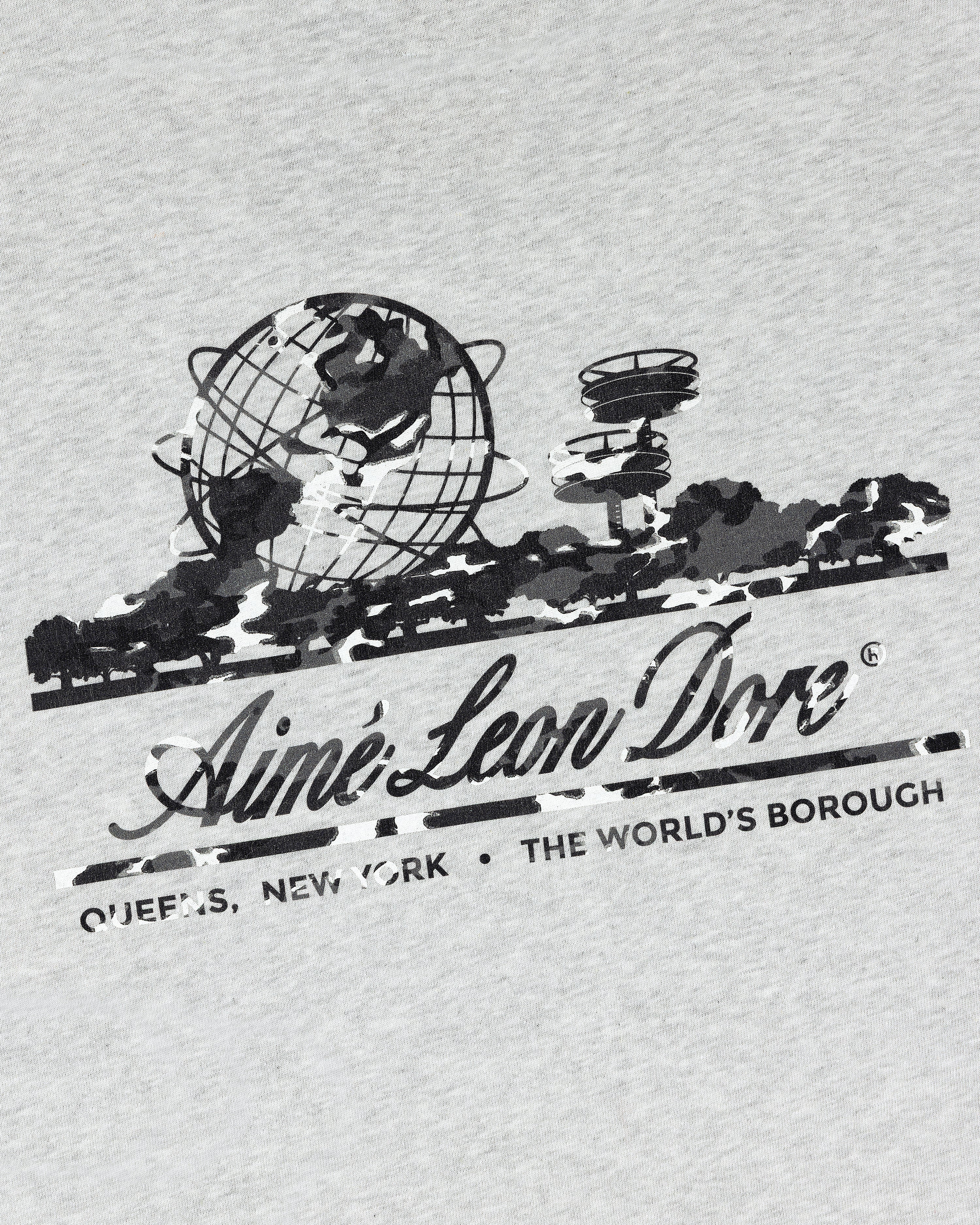 Camo Unisphere Tee: Black and white Unisphere graphic with Aimé Leon Dore, Queens NY, and The Worlds Borough text.