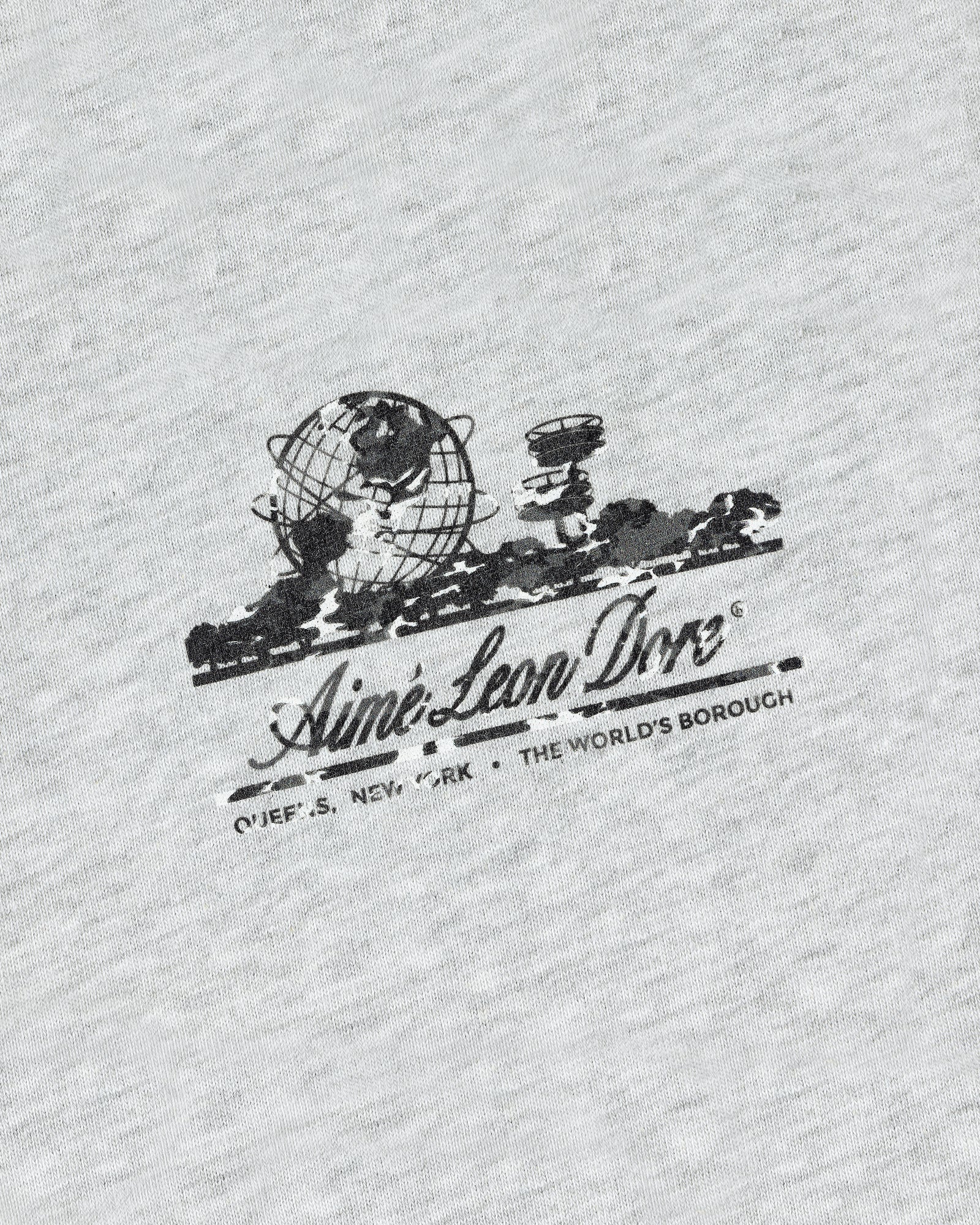Gray Camo Unisphere Tee with Aimé Leon Dore logo, globe graphic, and “QUEENS, NEW YORK - THE WORLDS BOROUGH” in black.