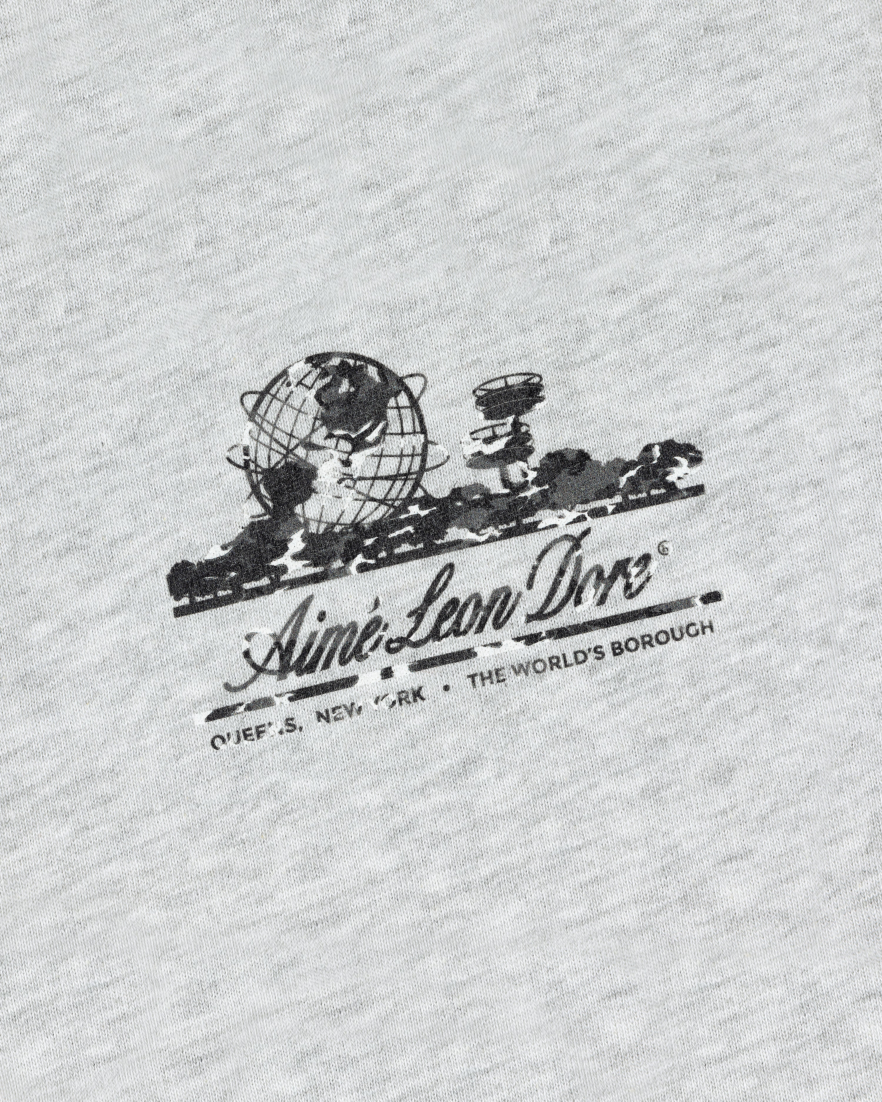 Gray Camo Unisphere Tee with Aimé Leon Dore logo, globe graphic, and “QUEENS, NEW YORK - THE WORLDS BOROUGH” in black.
