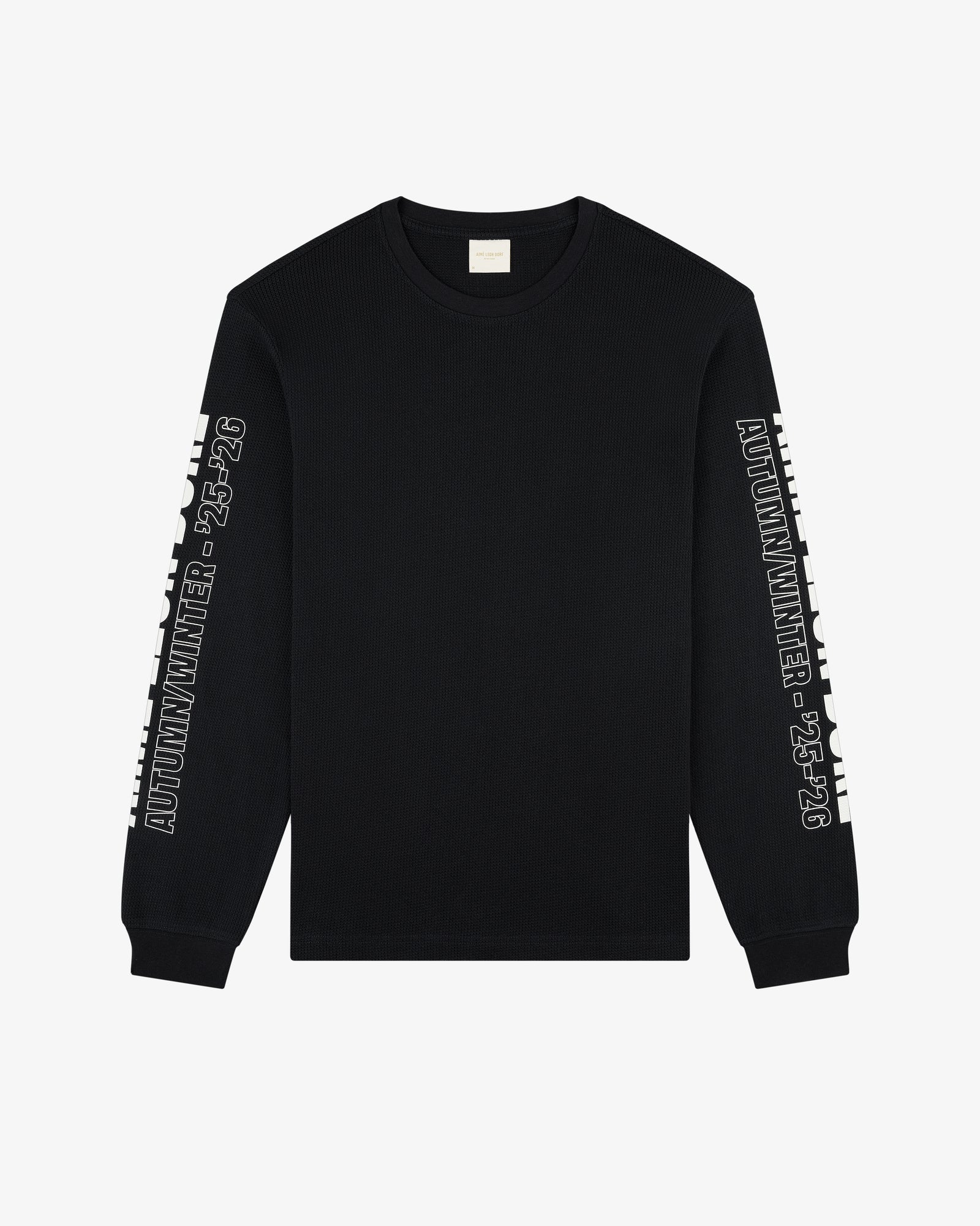 Long-Sleeve Mesh Moto Tee in black with AUTUMN/WINTER 23-24 text on sleeves, shown flat on a white background.
