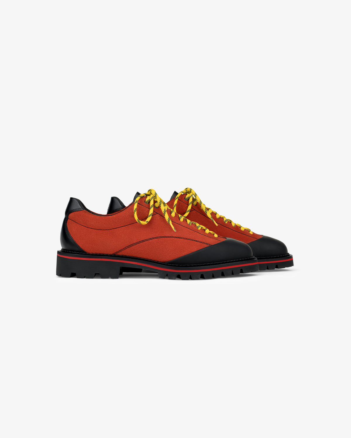 The Suede Derby Hiker is a red and black low-top shoe with yellow and black laces, shown on a white background.