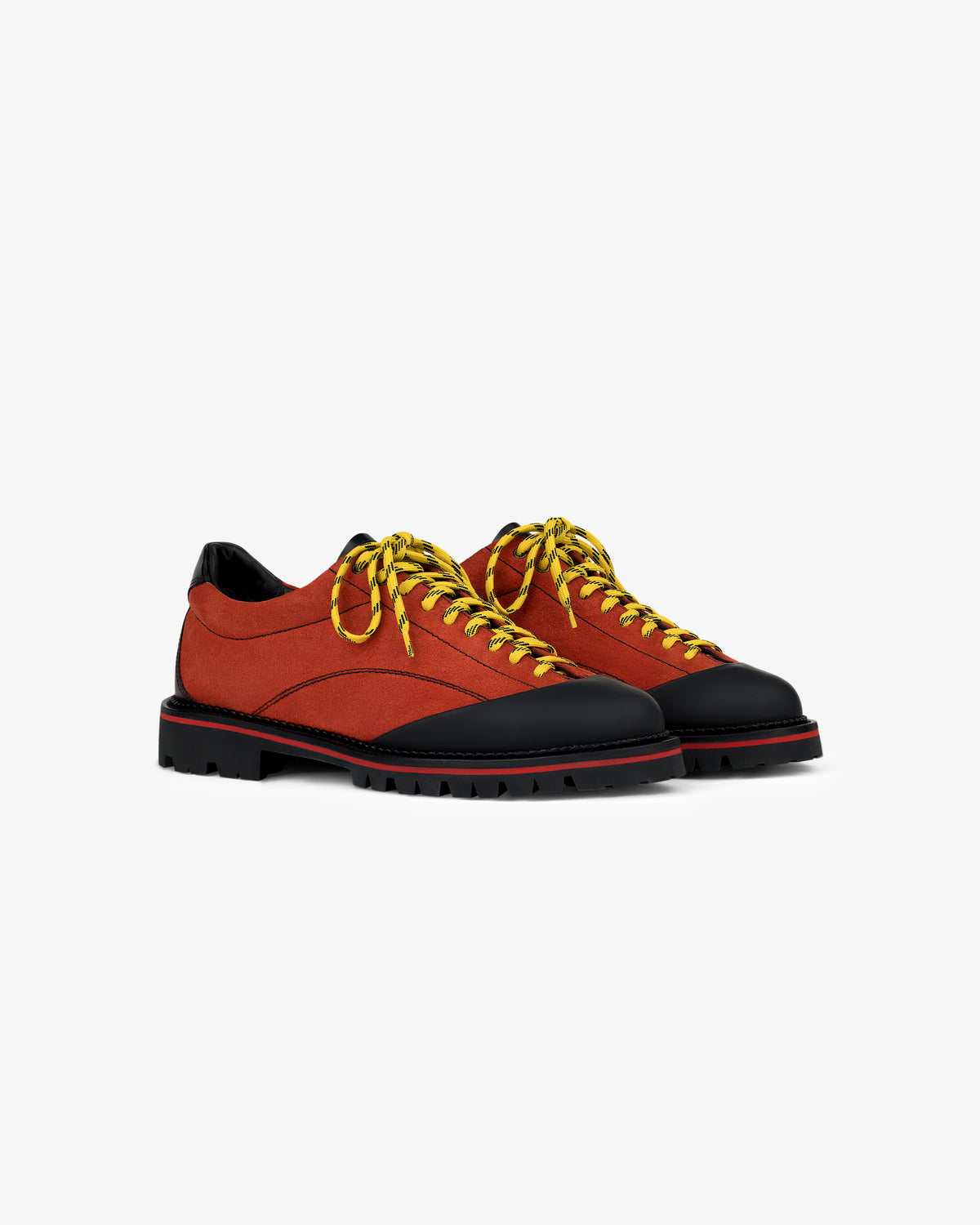 Suede Derby Hiker: red and black low-tops with yellow laces shown on a white background.
