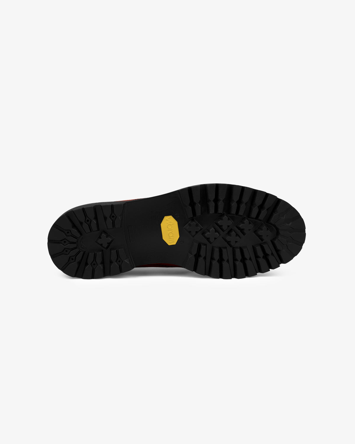 Suede Derby Hiker's black sole features a rugged tread and central yellow logo, displayed on a white background.