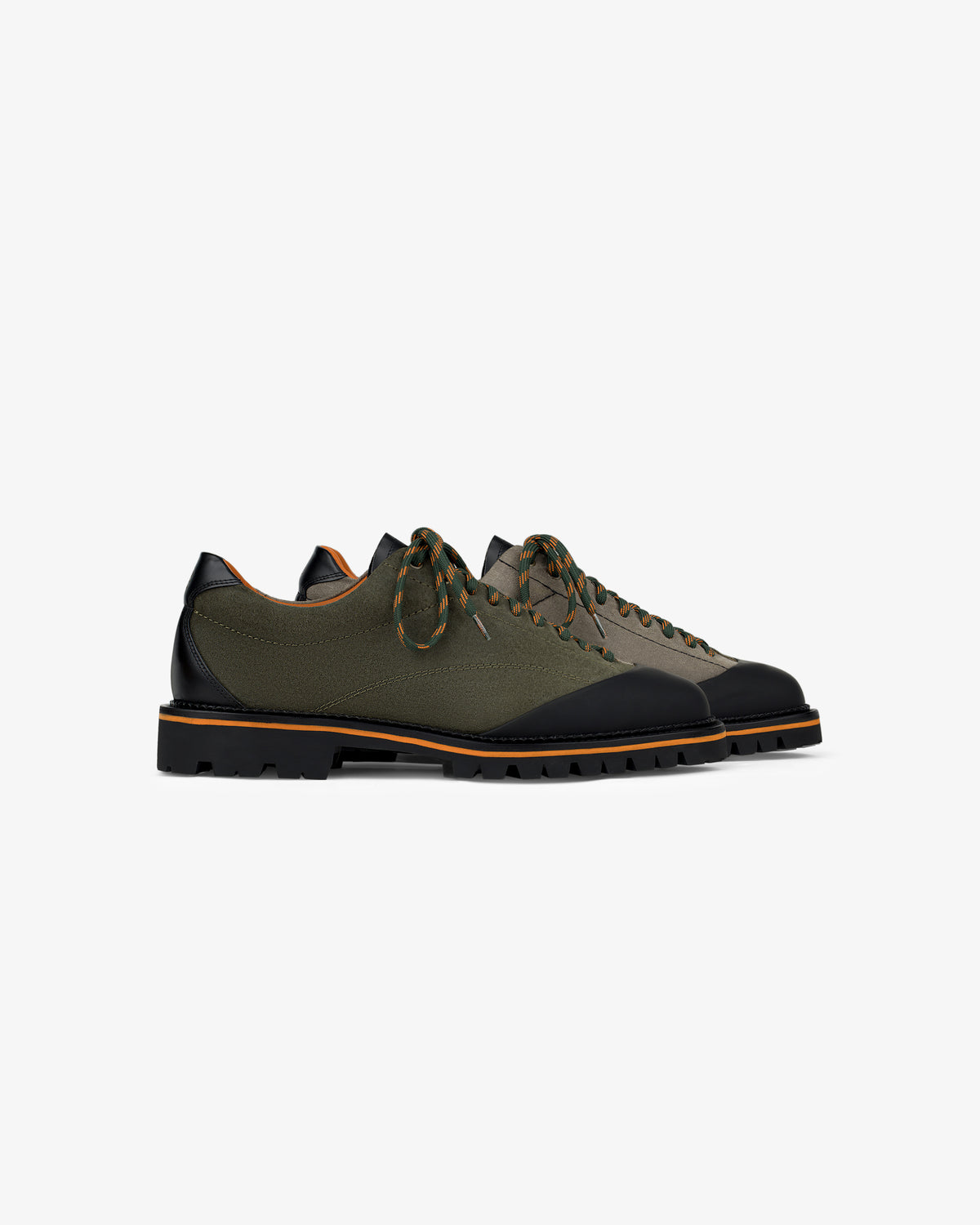 The Suede Derby Hiker: olive green and black low-top sneakers with rugged soles and patterned laces.