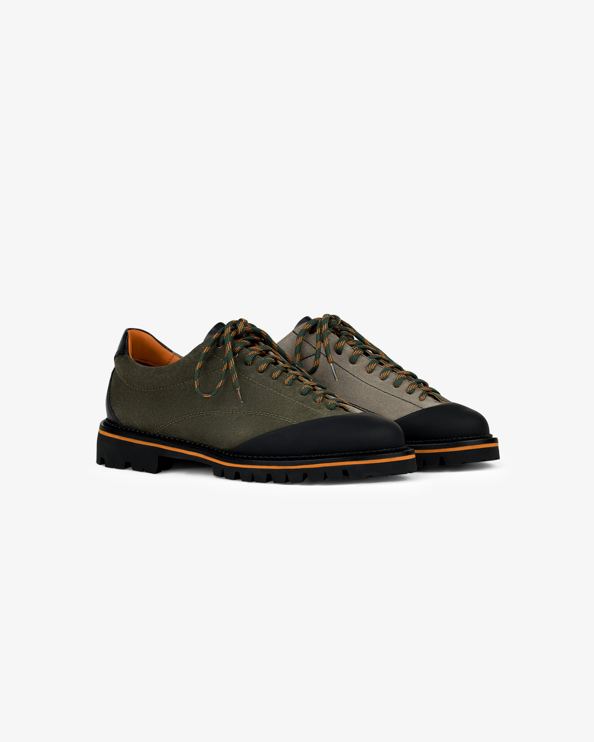 The Suede Derby Hiker: olive green lace-up shoes with black toe caps and rugged soles, on a white background.