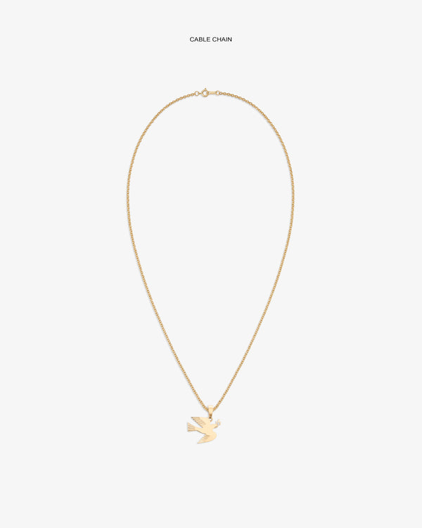 14Kt Gold Dove Pendant necklace on a plain white background.