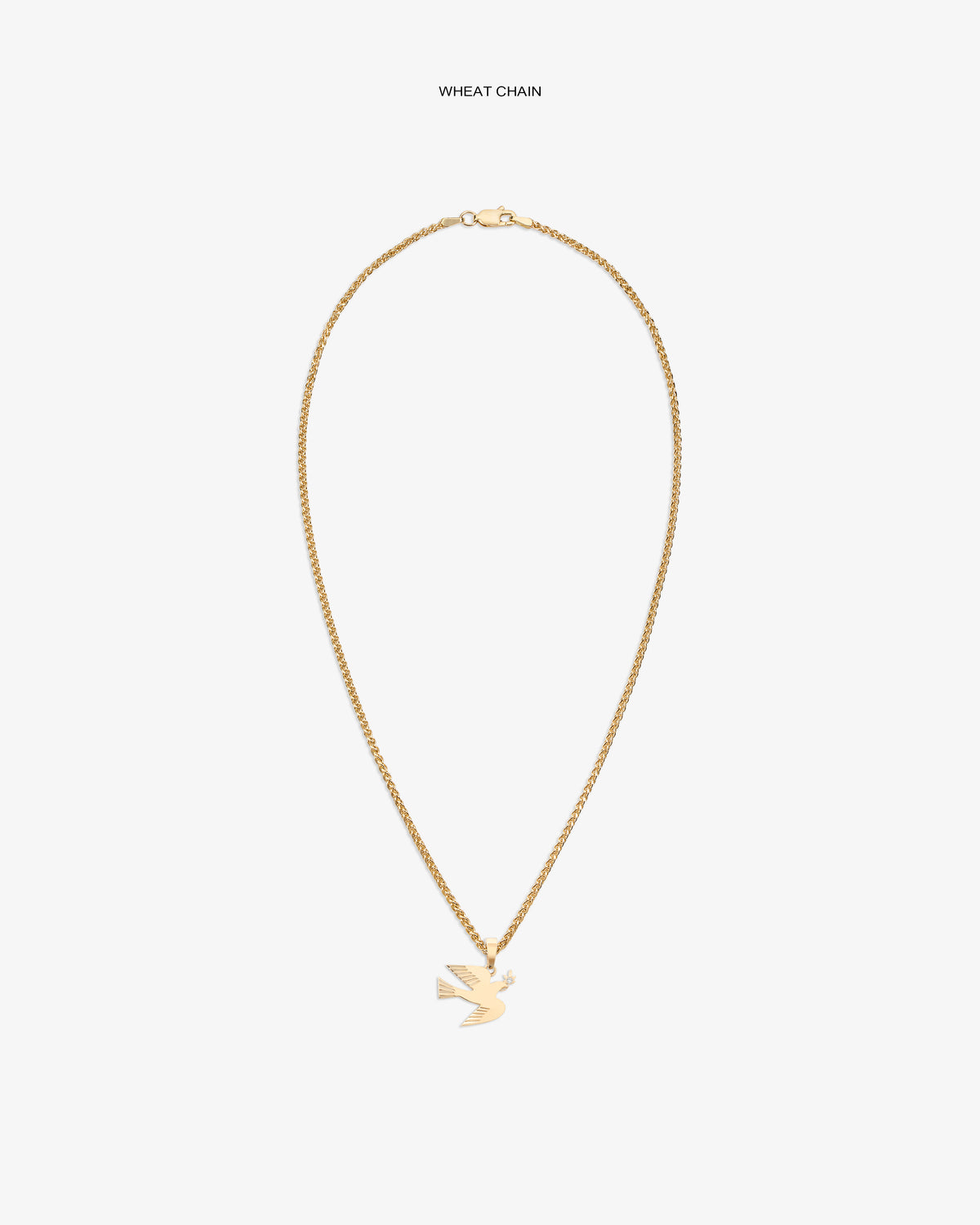 14Kt Gold Dove Pendant on a wheat chain, shown against a plain white background.