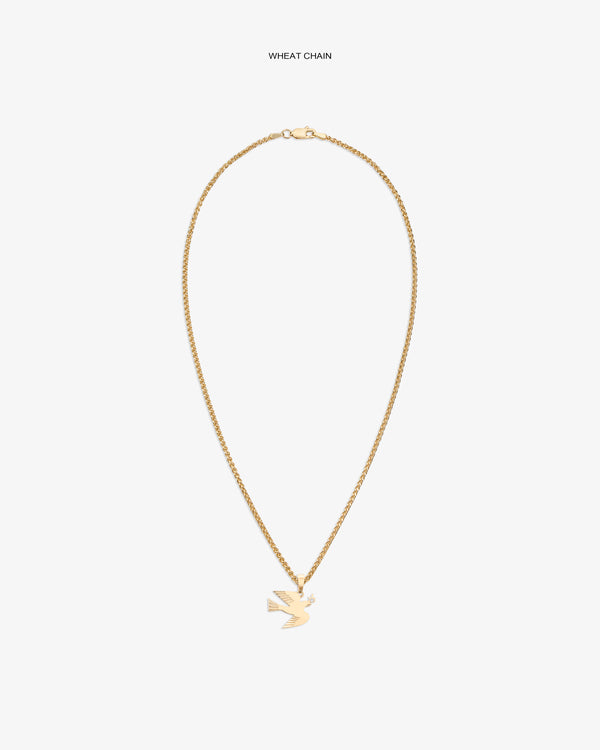 14Kt Gold Dove Pendant on a wheat chain, shown against a plain white background.