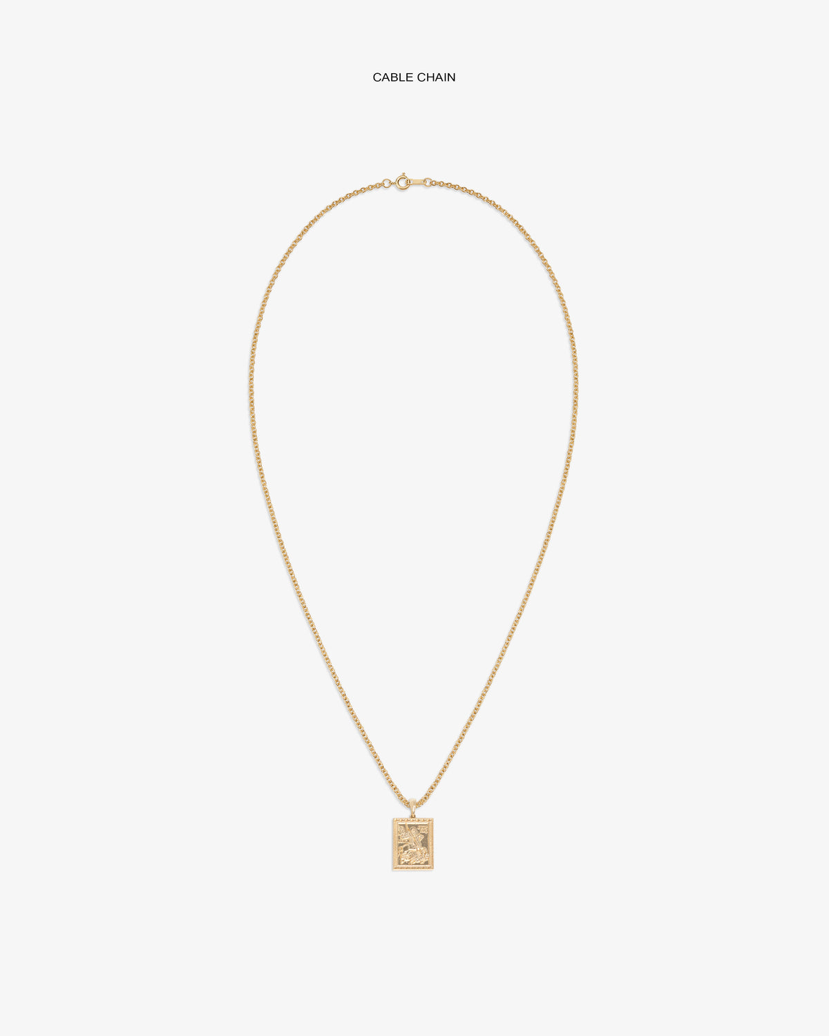 14Kt Gold Saint George Pendant with cable chain, displayed on a white background.