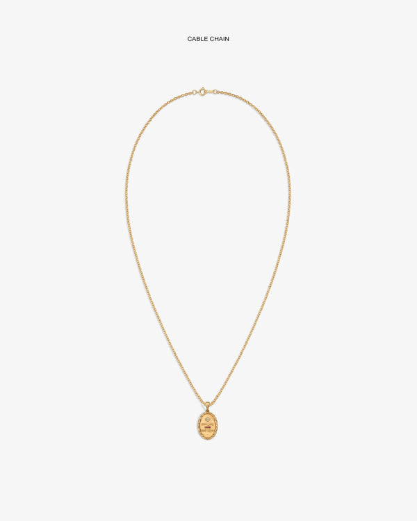 14Kt Gold Love Poem Pendant on a cable chain, featuring an engraved oval design, shown on a white background.