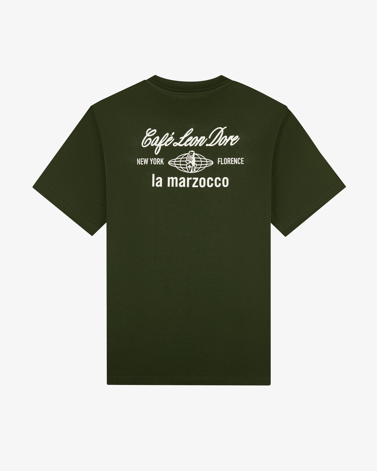 Dark green Café Leon Dore / La Marzocco Tee with a globe and “New York Florence la marzocco” print on the back.