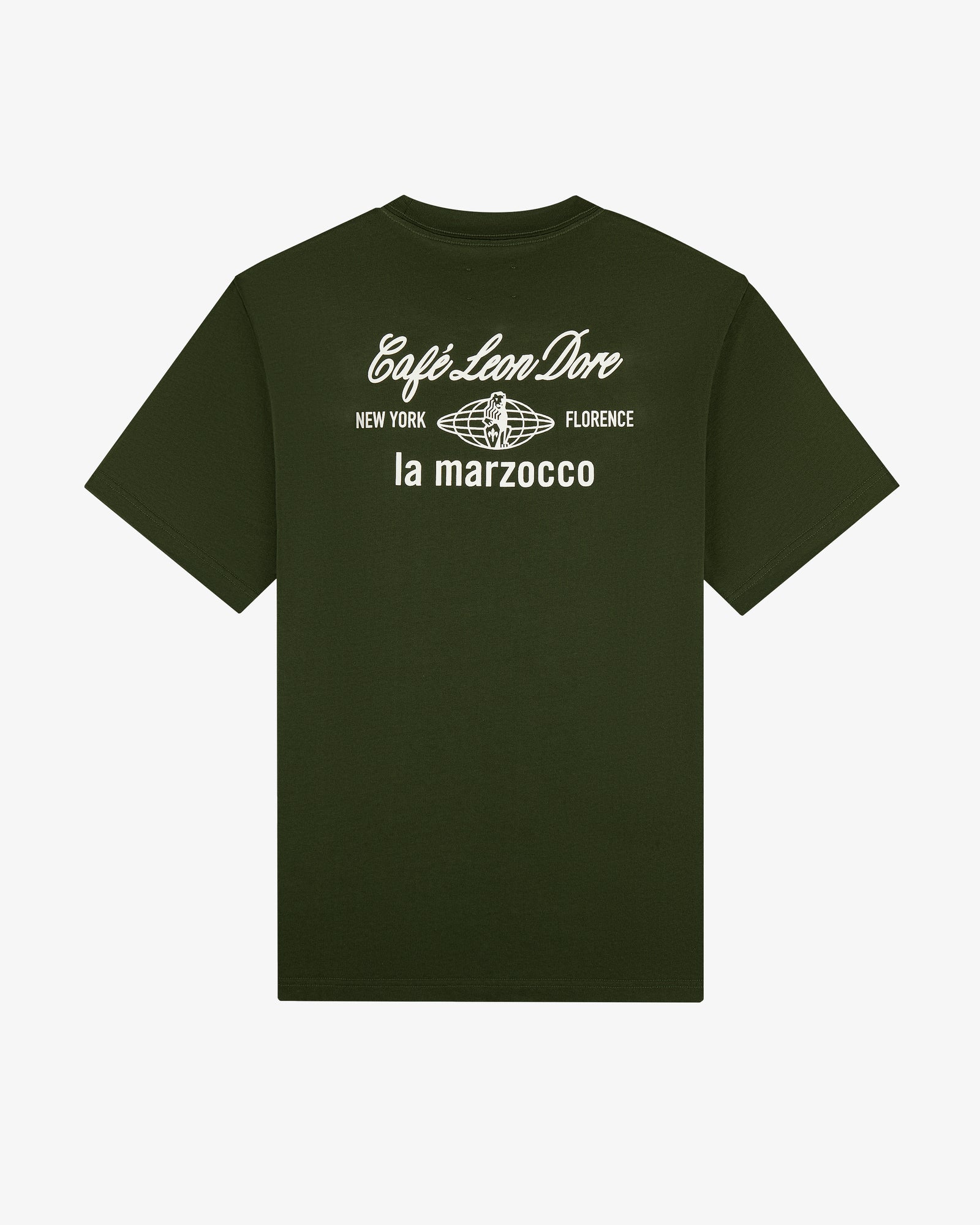 Dark green Café Leon Dore / La Marzocco Tee with a globe and “New York Florence la marzocco” print on the back.