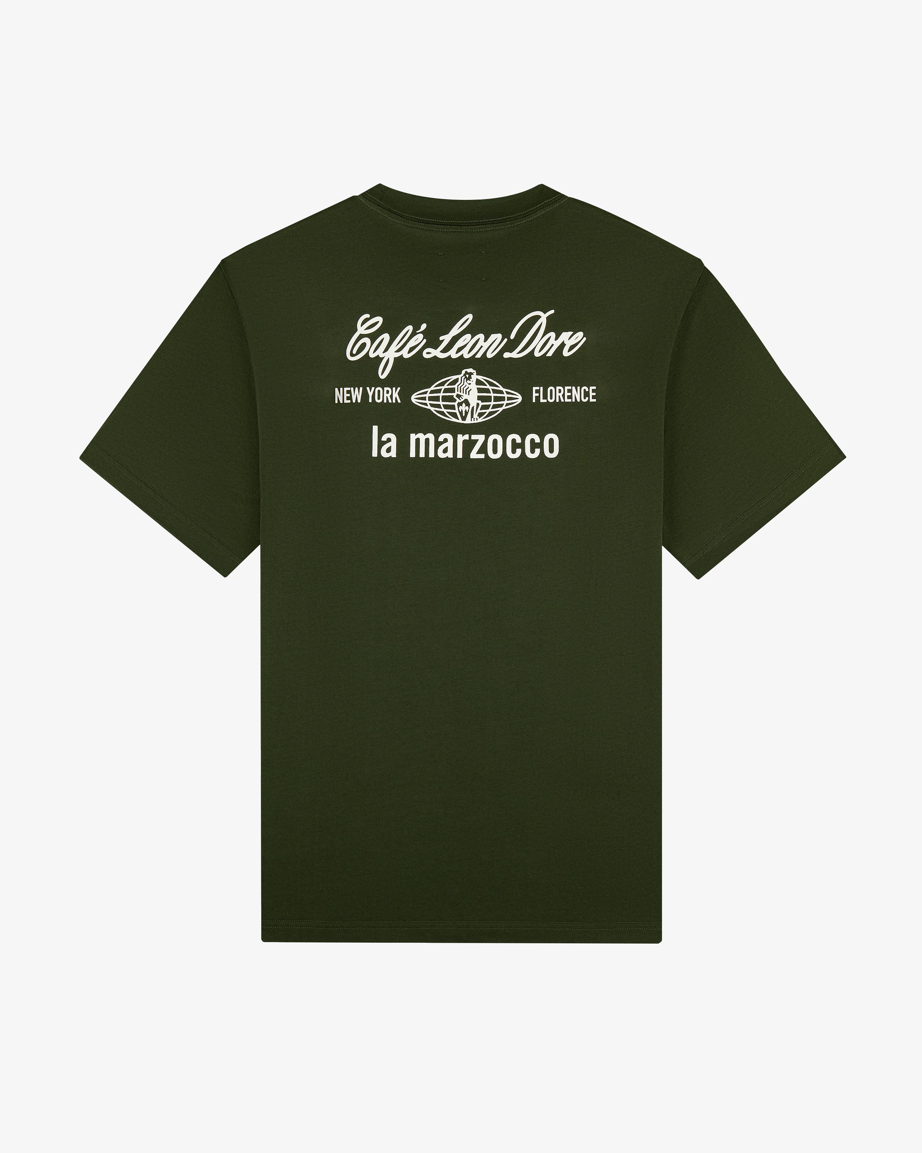 Dark green Café Leon Dore / La Marzocco Tee with a globe and “New York Florence la marzocco” print on the back.