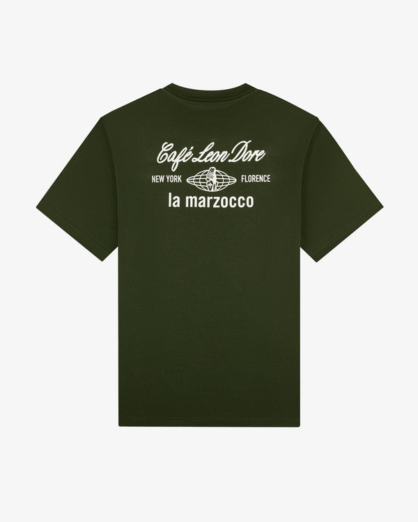 Dark green Café Leon Dore / La Marzocco Tee with a globe and “New York Florence la marzocco” print on the back.