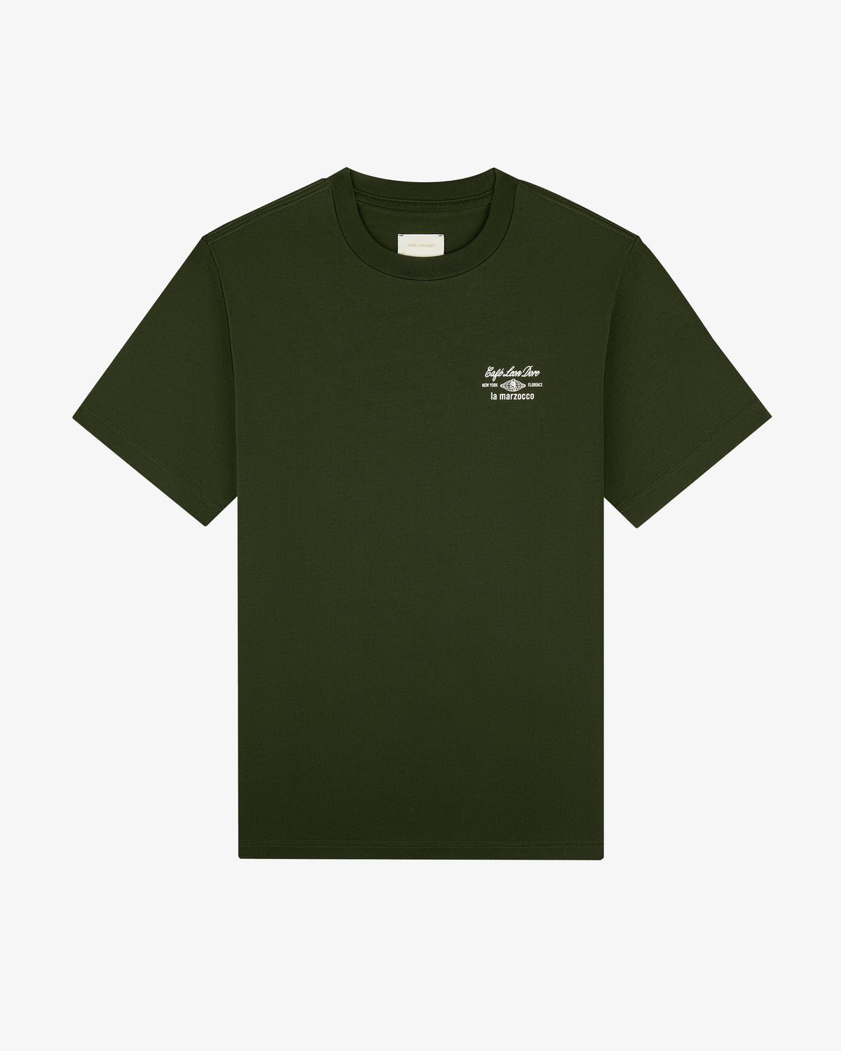 Café Leon Dore / La Marzocco Tee: dark green short-sleeve t-shirt with white text on the left chest.