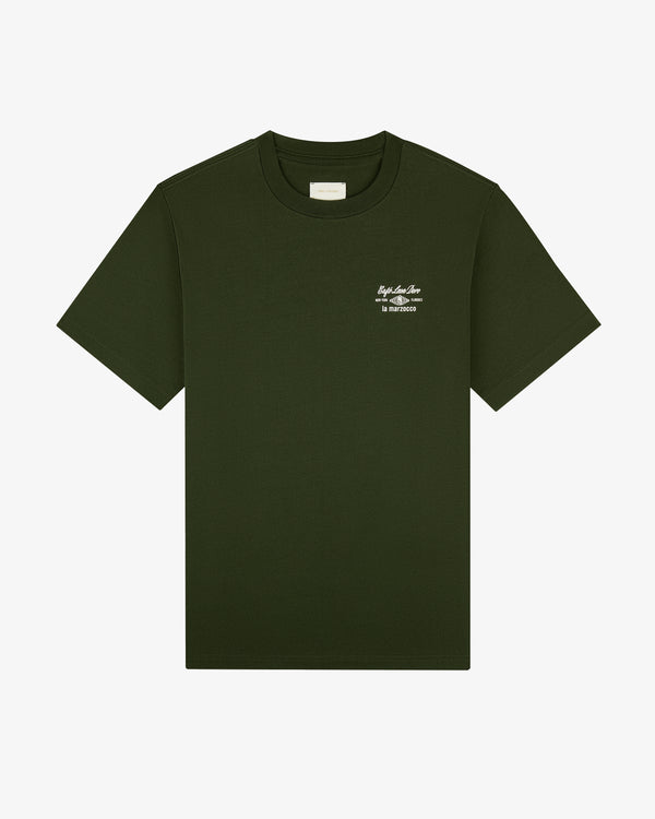 Café Leon Dore / La Marzocco Tee: dark green short-sleeve t-shirt with white text on the left chest.