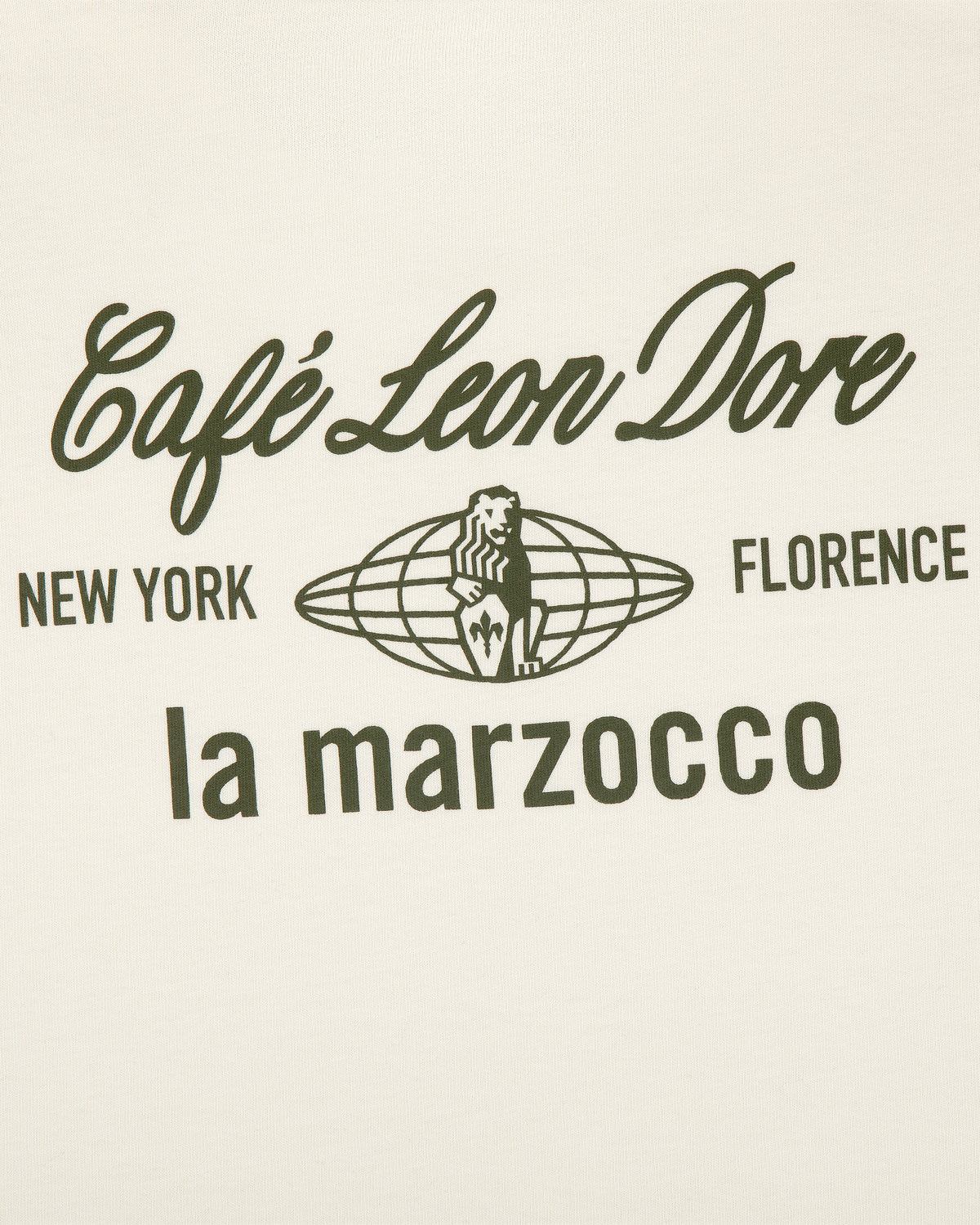 White tee with black Café Leon Dore, New York, Florence, la marzocco text and lion logo at the center.