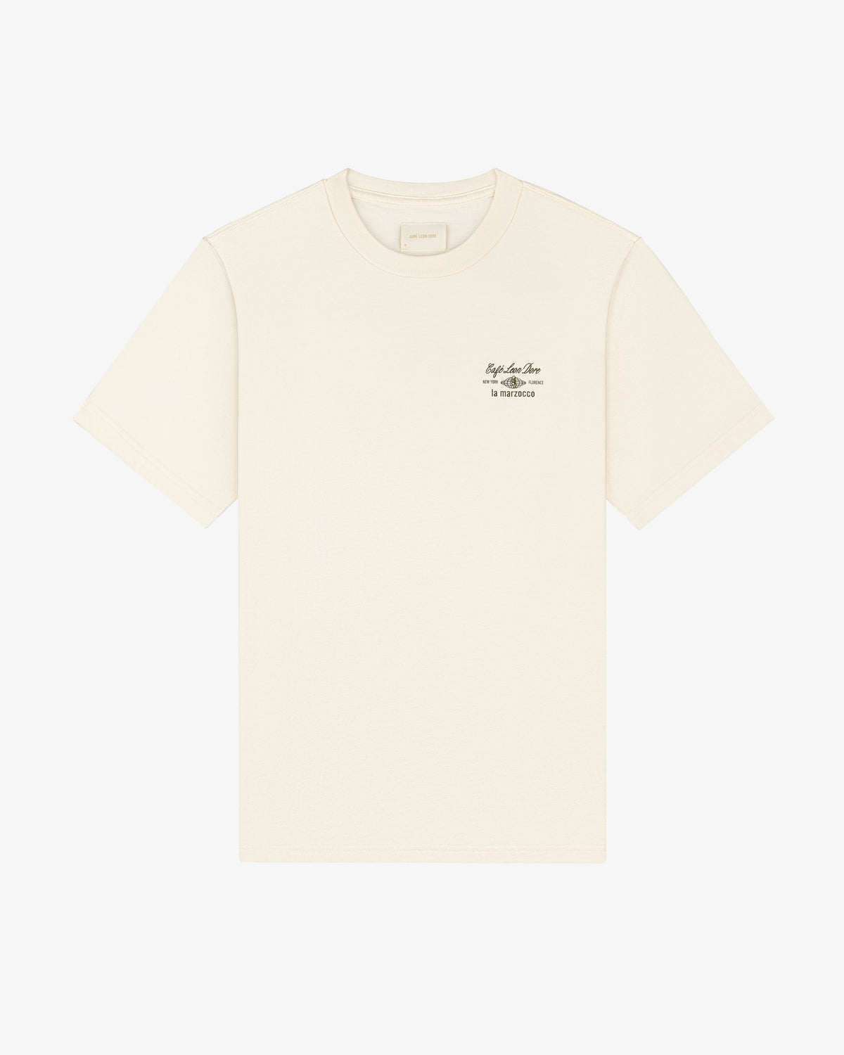 Café Leon Dore / La Marzocco Tee in off-white with small black text on the left chest, shown on a white background.