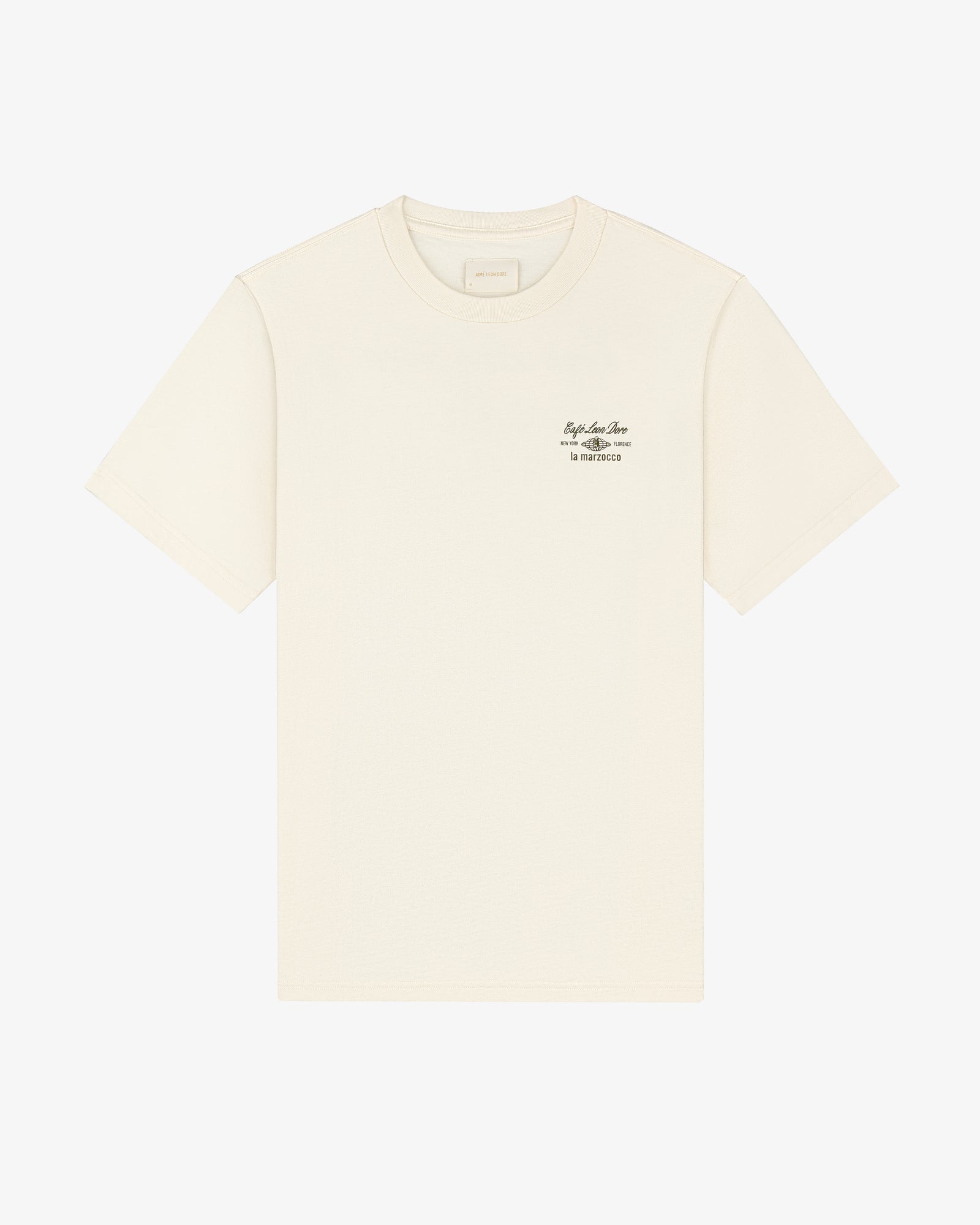 Café Leon Dore / La Marzocco Tee in off-white with small black text on the left chest, shown on a white background.
