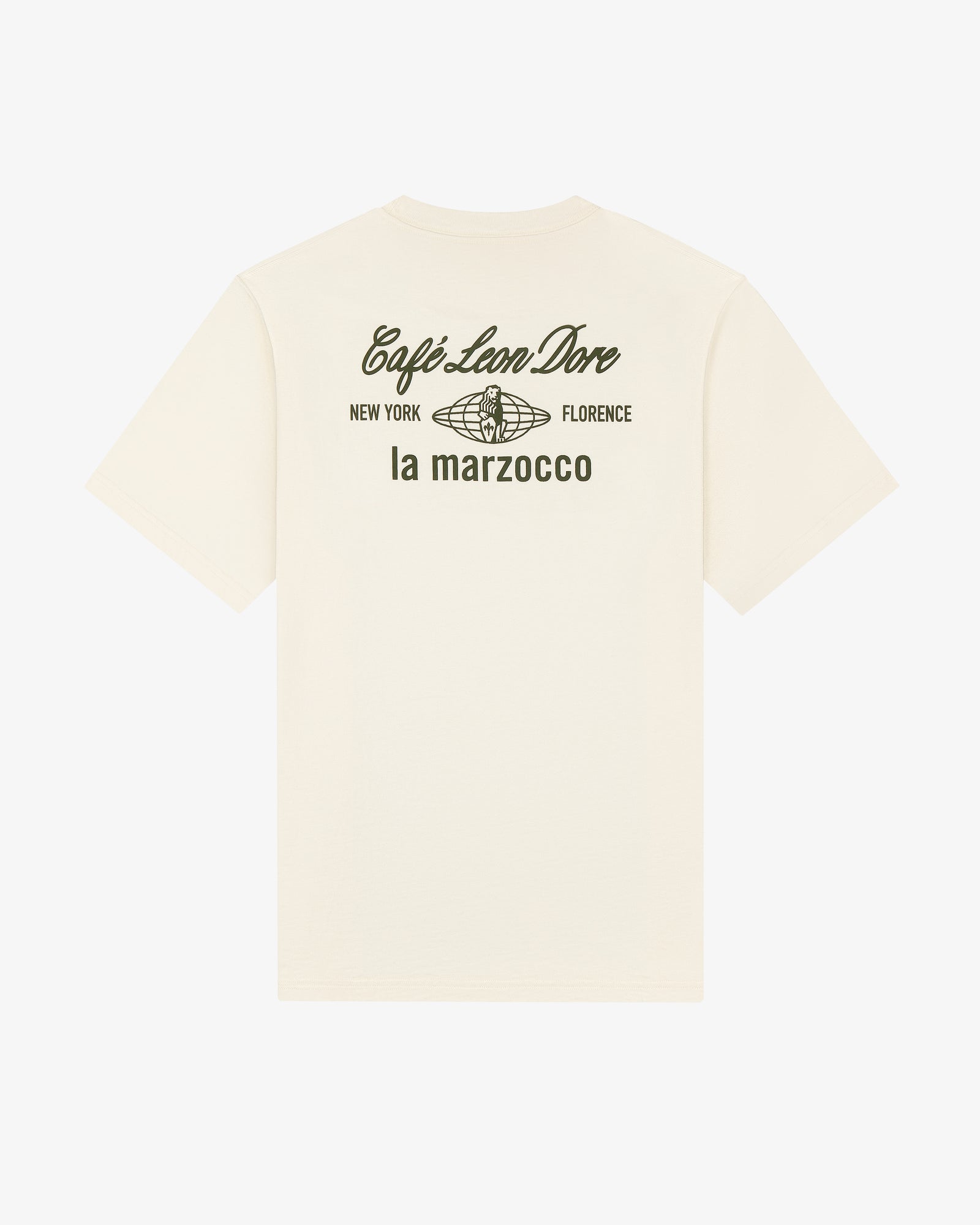Back of Café Leon Dore / La Marzocco Tee: black text—New York, Florence, and globe graphic.