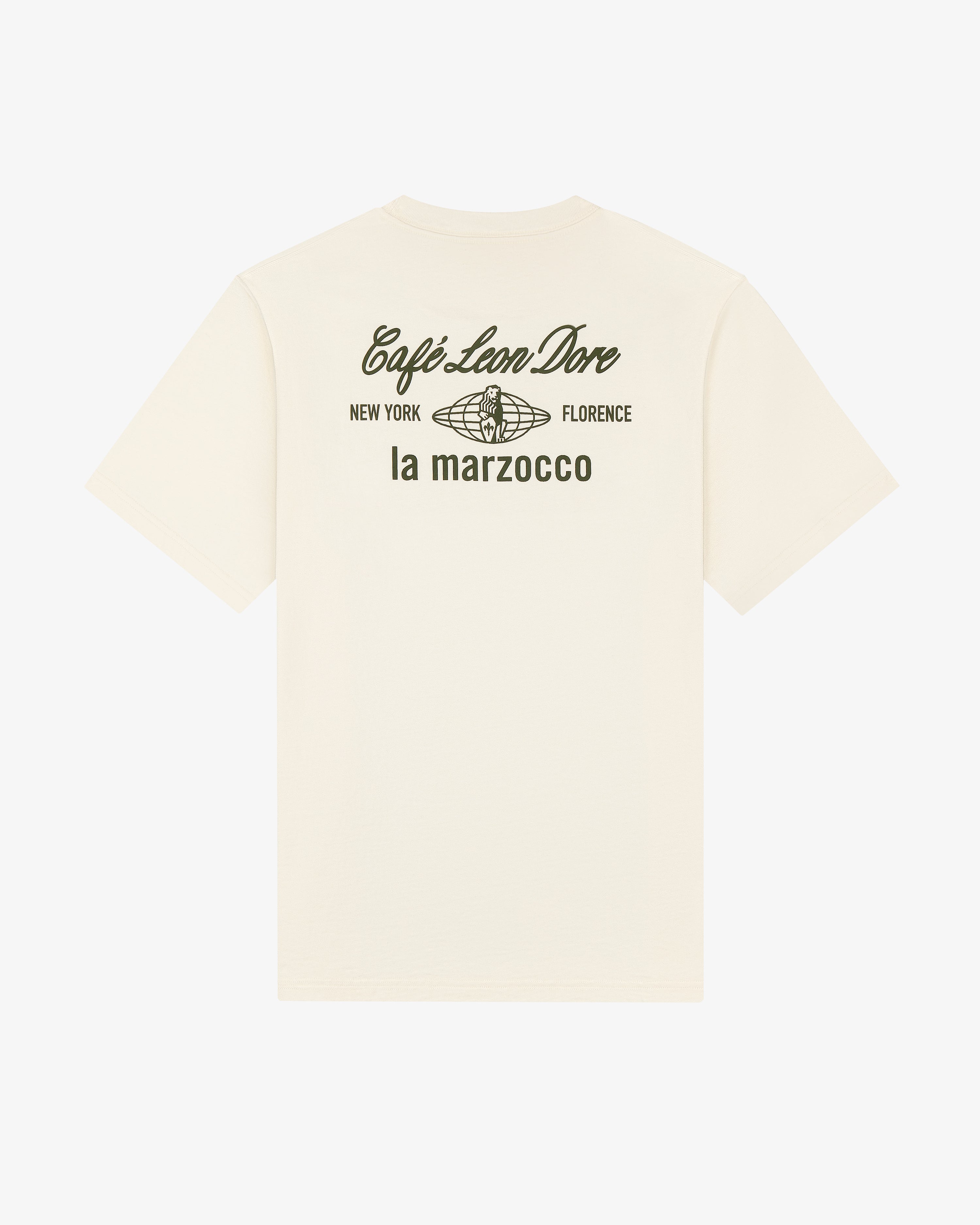 Back of Café Leon Dore / La Marzocco Tee: black text—New York, Florence, and globe graphic.