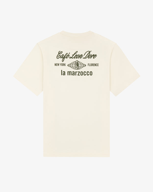 Back of Café Leon Dore / La Marzocco Tee: black text—New York, Florence, and globe graphic.
